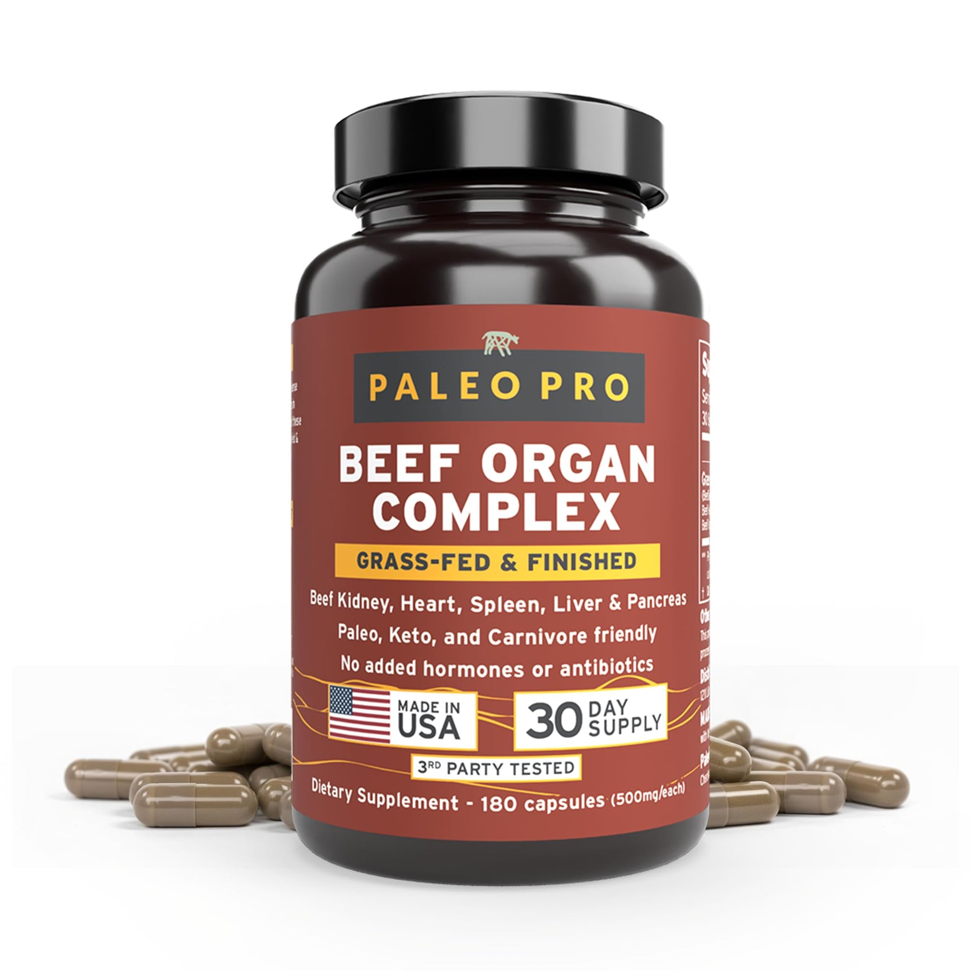 Paleo Pro O.G. Blend Premium Beef Organs Capsules, Kidney, Heart, Liver, Spleen and Pancreas from Grass Fed & Pastured Cows, Dietary Supplement, No GMO, 180 Capsules (Beef Organ Complex) Paleo Pro uk supplements