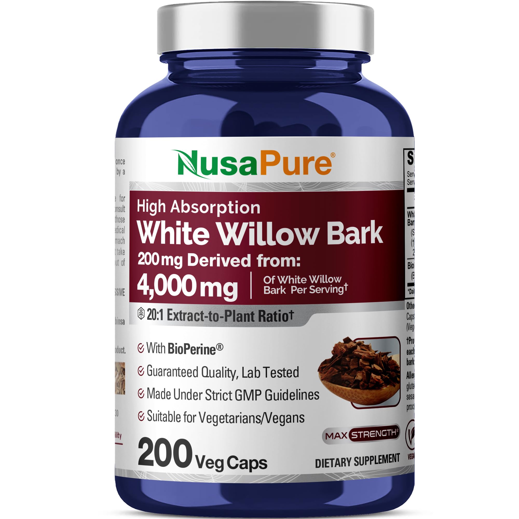 NusaPure White Willow Bark 20:1 Extract, 200 mg Equivalent to 4000mg, 200 Veggie Capsules, Max Strength, (Non-GMO, Vegan) NusaPure uk supplements