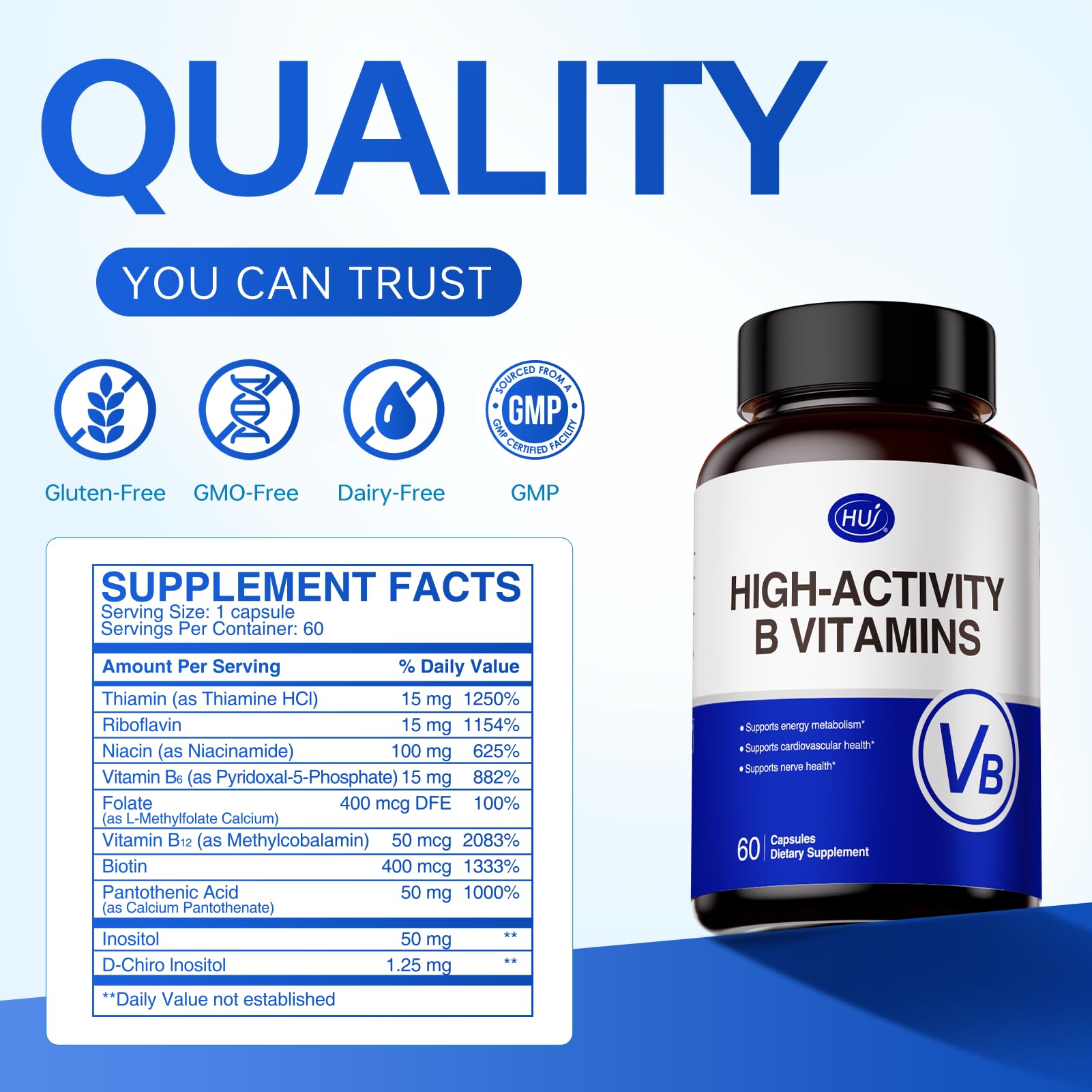 HUJ High-Activity B Vitamins - Supports Normal Energy Metabolism & Nerve System Health - Supplement with 8 B Vitamins, Inositol and D-Chiro Inositol - 60 Capsules. HUJ uk supplements