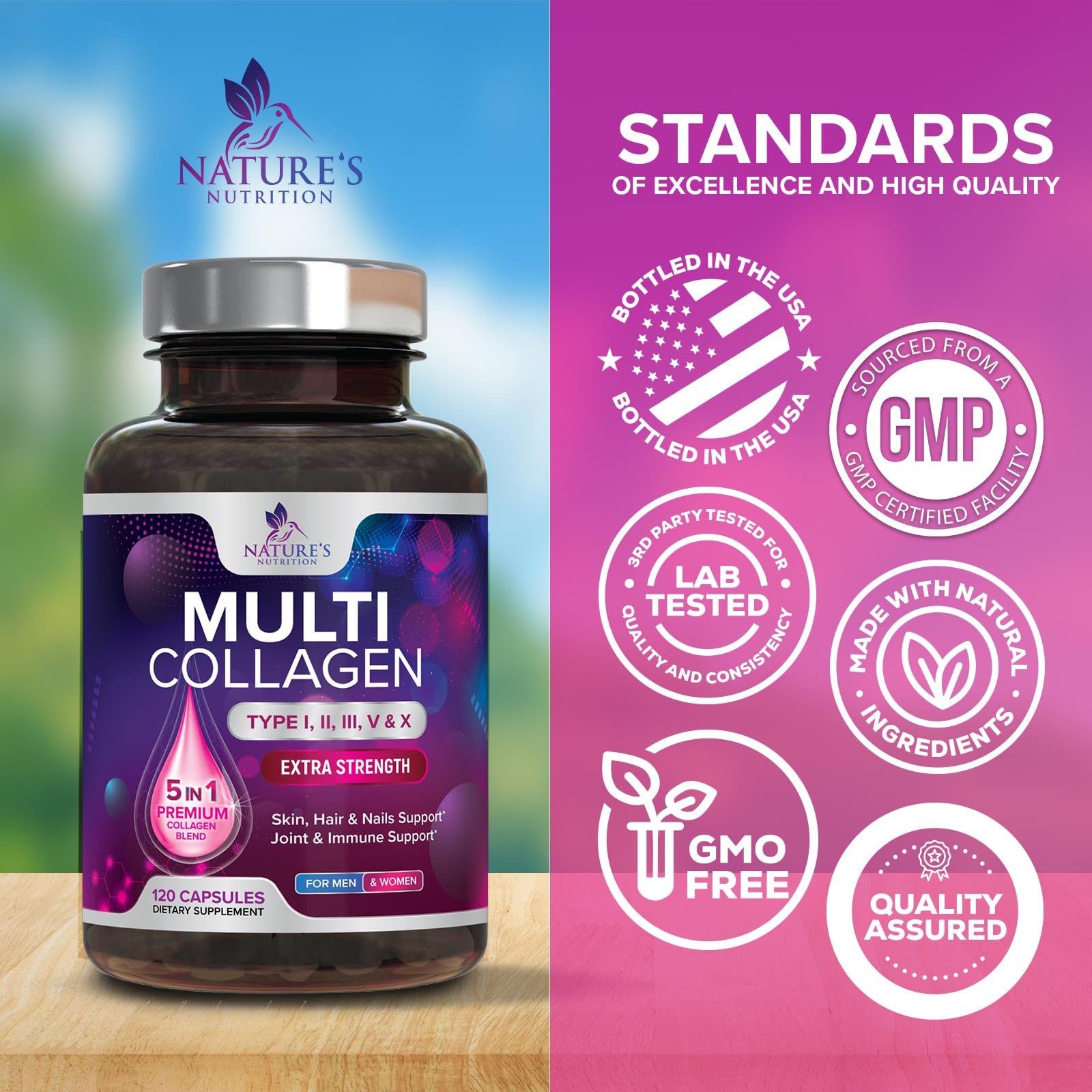 Multi Collagen Pills 2400 mg - Advanced Types I, II, III, V, X - Hydrolyzed Multi Collagen Peptides Pills, Collagen Supplements for Women & Men - Hair, Skin, & Nail Support Supplement - 120 Capsules Nature's Nutrition uk supplements