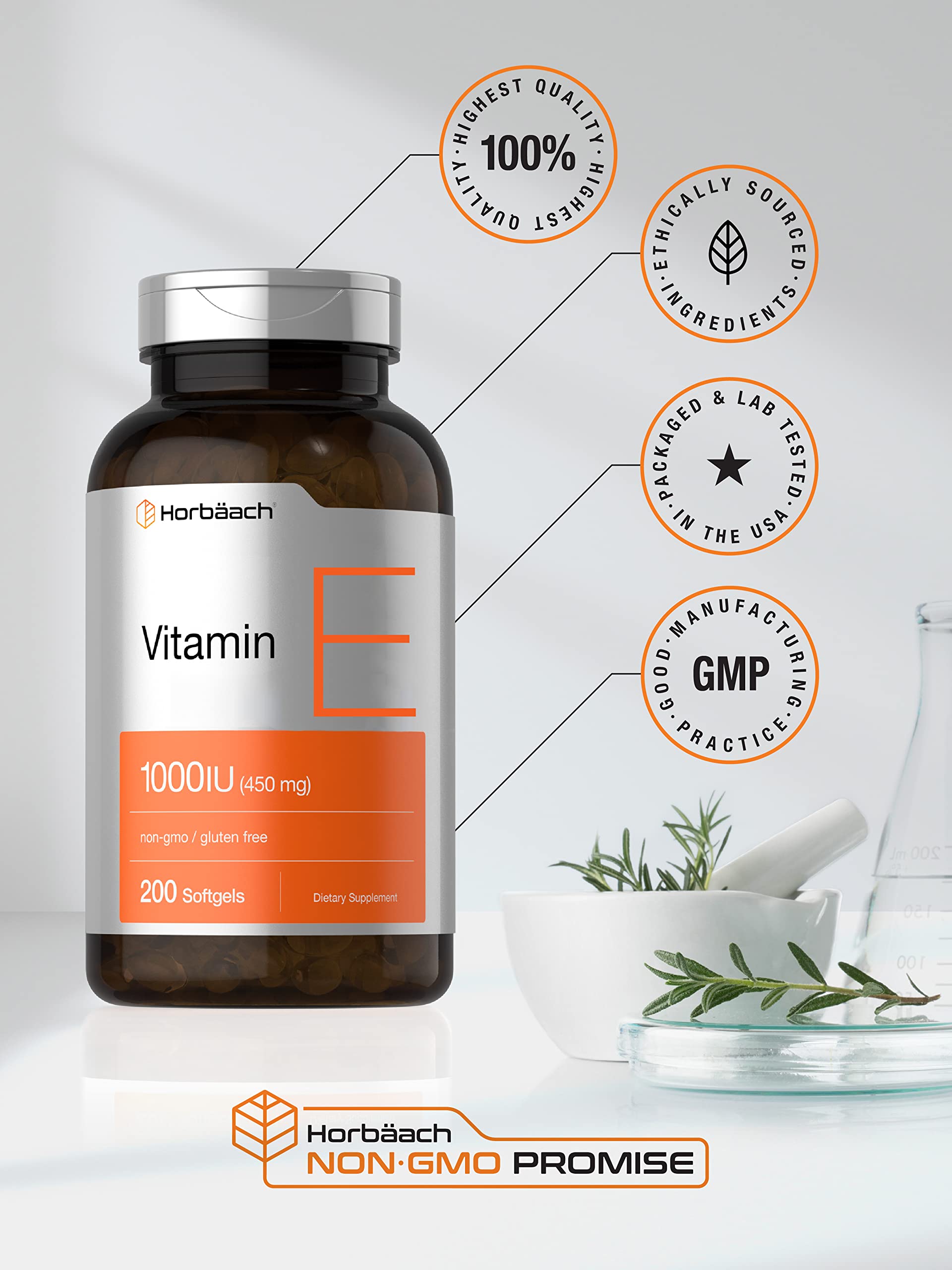 Vitamin E 1000 IU Softgel Capsules | 200 Count | Non-GMO, Gluten Free, Preservative Free Horbäach uk supplements