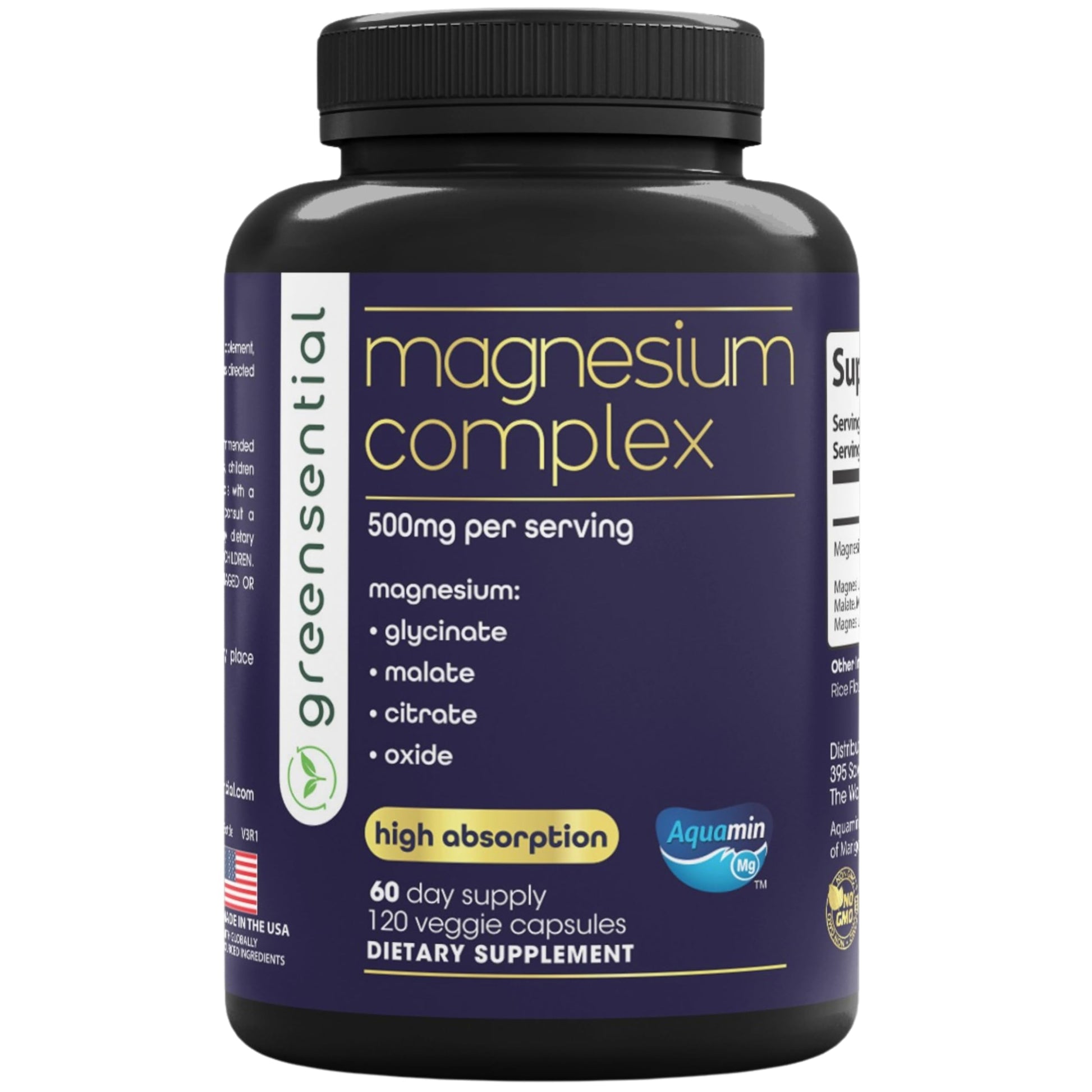 Greensential 5-in-1 Magnesium Complex 500mg | Glycinate, Malate, Citrate, Oxide & Aquamin® | for Sleep, Muscle & Heart Support | High Absorption, Vegan, 120 Capsules Greensential uk supplements