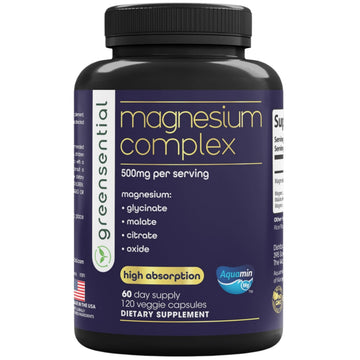 Greensential 5-in-1 Magnesium Complex 500mg | Glycinate, Malate, Citrate, Oxide & Aquamin® | for Sleep, Muscle & Heart Support | High Absorption, Vegan, 120 Capsules Greensential uk supplements