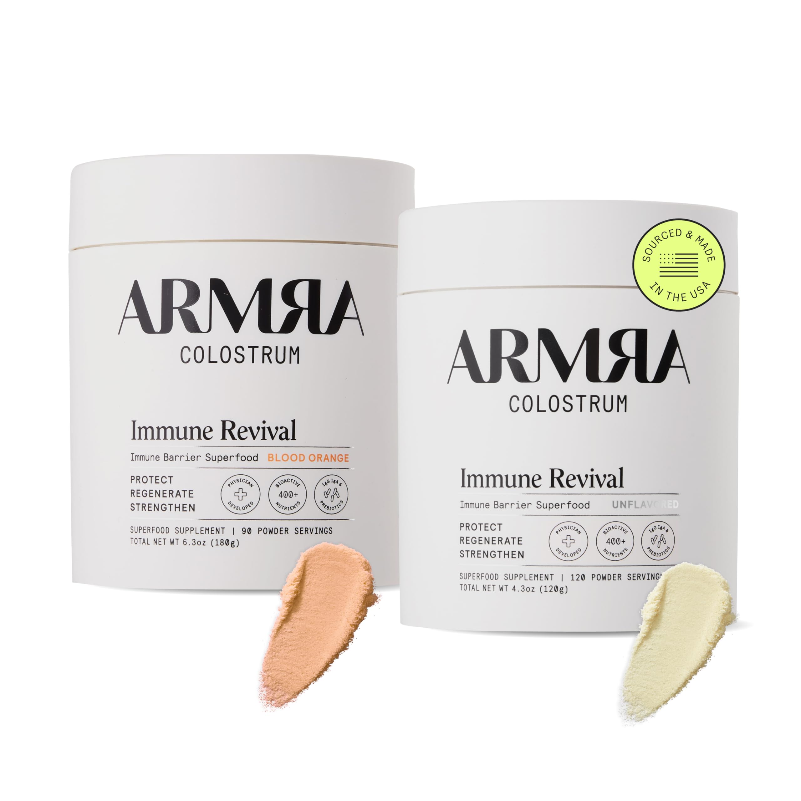 ARMRA Colostrum™ Premium Powder, Grass Fed, Gut Health Bloating Immunity Skin & Hair, Contains 400+ Bioactive Nutrients, Potent Bioavailable, Keto, Gluten & Fat Free (Unflavored and Blood Orange Jars) ARMRA uk supplements