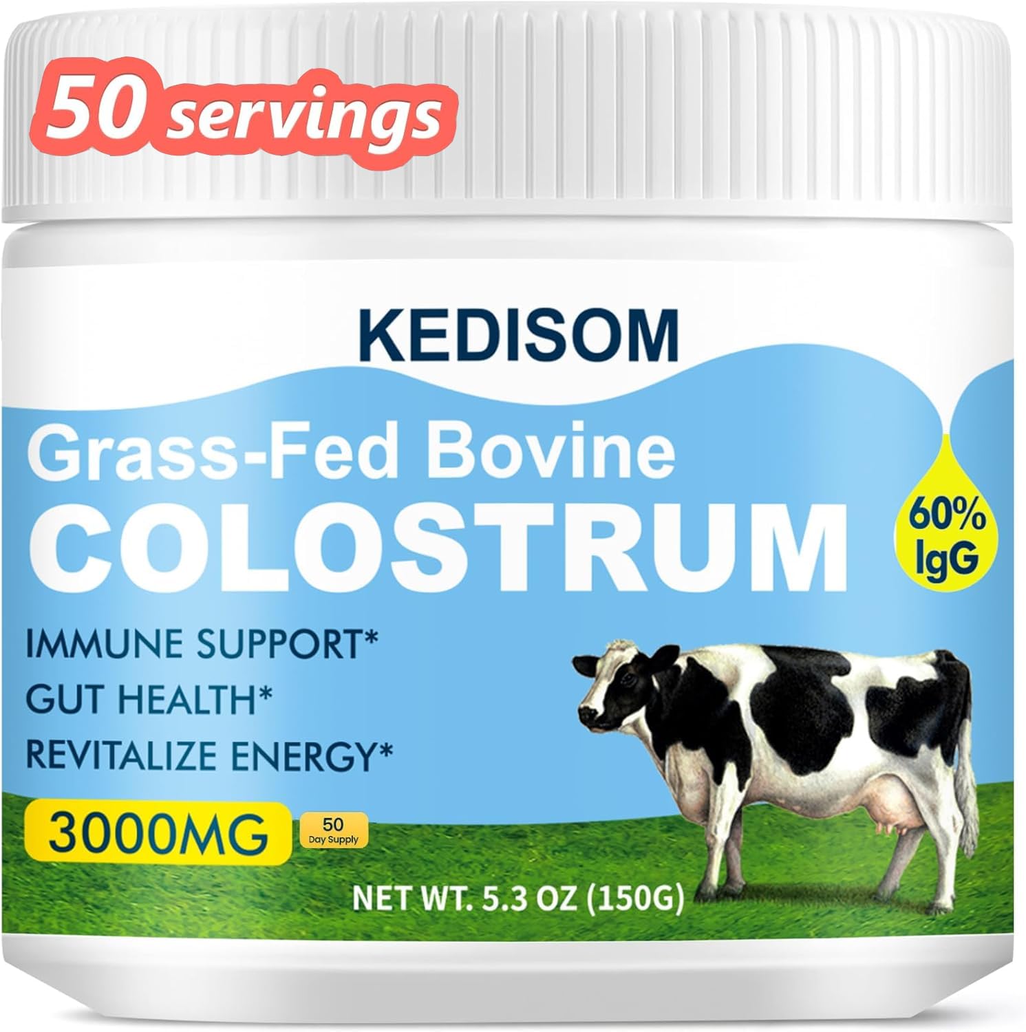 KEDISOM Grass-Fed Bovine Colostrum Supplement Powder - 60% High IgG 3000 mg for Gut Health, Immune Support - Easy to Mix Natural Liposomal Colostrum Superfood, Unflavored, 50 Servings KEDISOM uk supplements