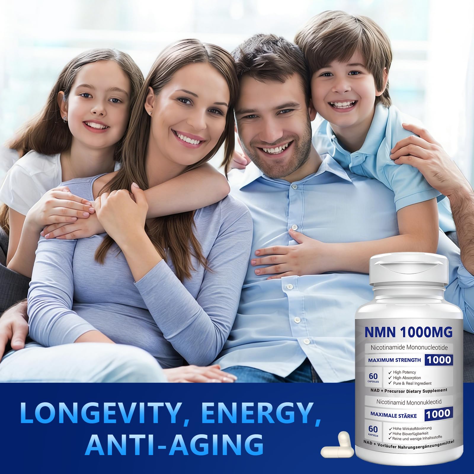 NMN 1000mg Per Serving Maximum Strength - 99% Pure NMN (Nicotinamide Mononucleotide) for NAD, Cell, Immune, Energy, Anti-Aging & Longevity, Stabilized NMN Supplements 1000mg - 60 Veggie Capsules CFUKING uk supplements