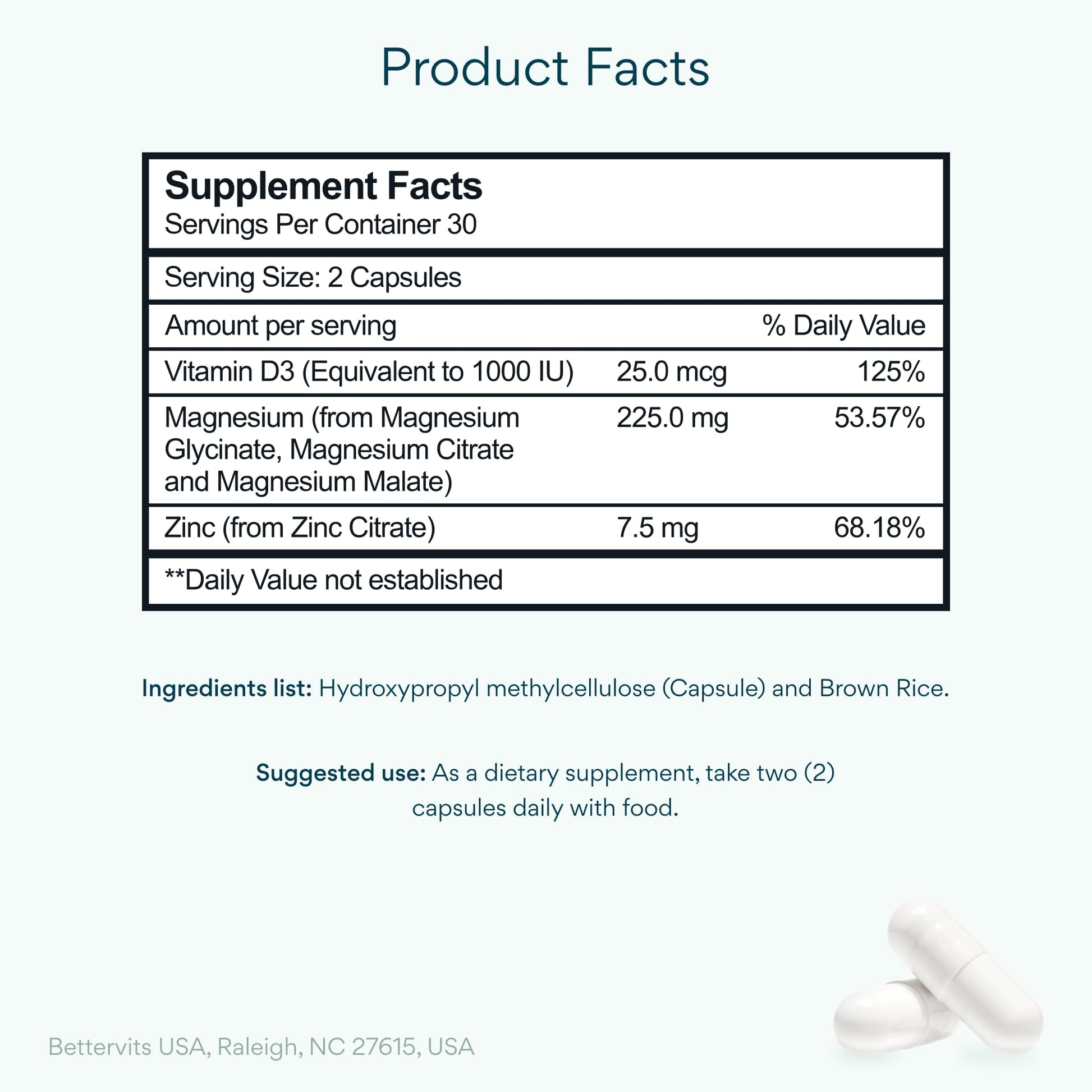 Bettervits Magnesium Glycinate Complex with Citrate Malate Zinc & Vitamin D3 | High Absorption Pure Magnesium 225mg Supplement Chelated Formula for Muscle Relaxation, Sleep Support – 60 Capsules Bettervits uk supplements