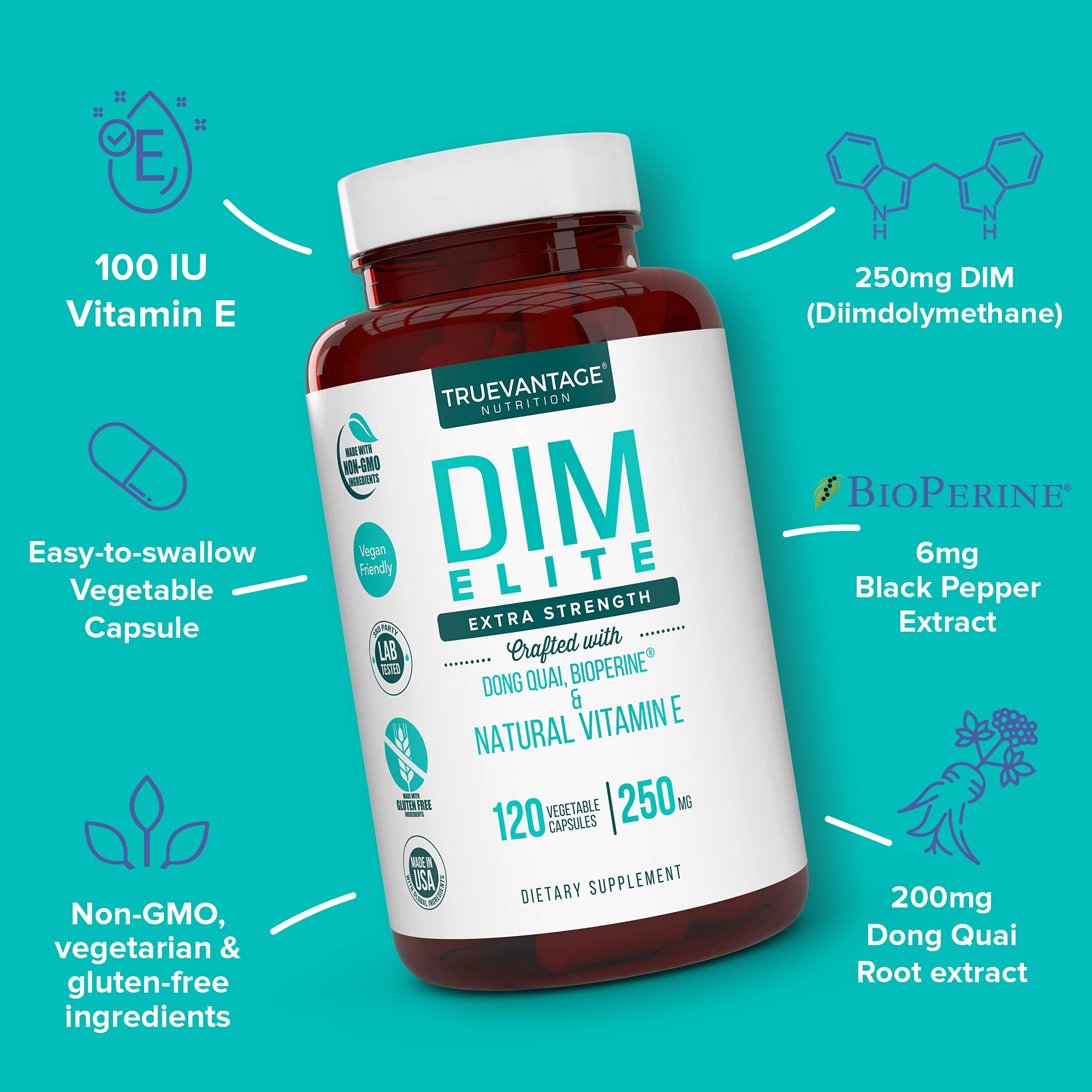 DIM Supplement 250mg (Diindolylmethane)-Plus Dong Quai, Natural Vitamin E & BioPerine - Supports Menopause Relief & Hormonal Acne -Hormone Balance Support for Women and Men-Veggie Caps Truevantage Nutrition uk supplements