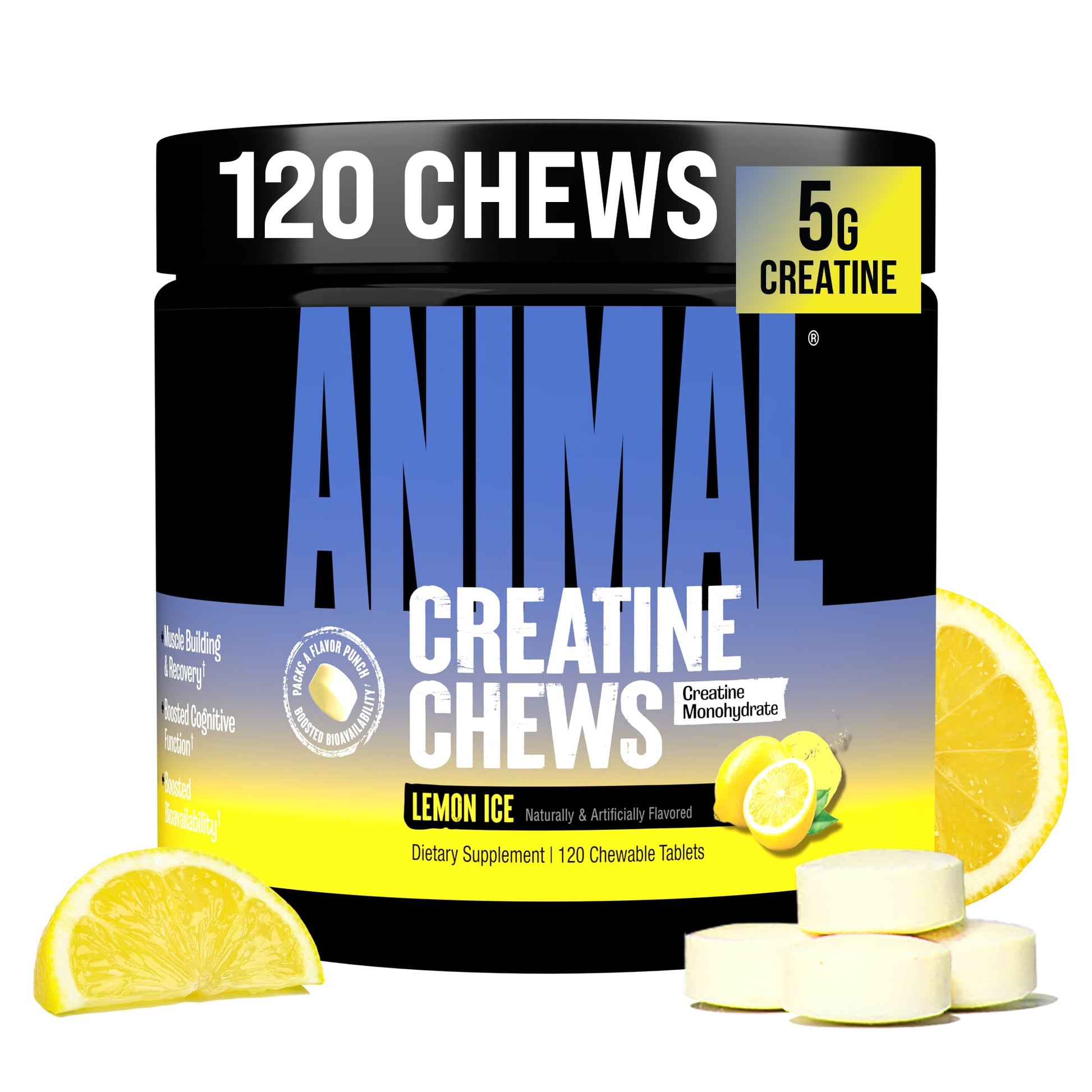 Animal Creatine Chews Tablets - Enhanced Creatine Monohydrate with AstraGin to Improve Absorption, Sea Salt for Added Pumps, Delicious and Convenient Chewable Tablets - Lemon Ice Animal uk supplements