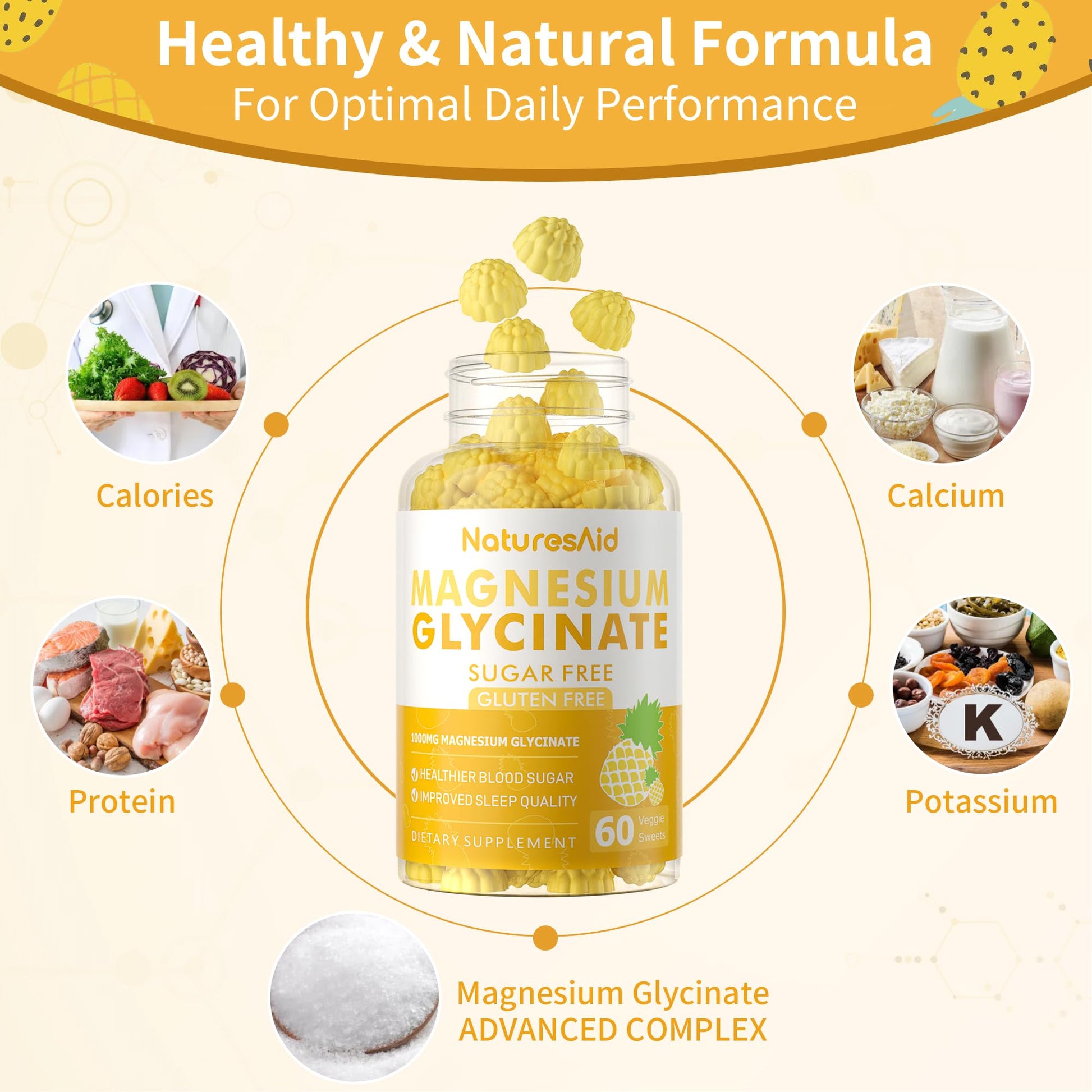 Magnesium Glycinate Gummies 1000mg - Sugar Free Magnesium Potassium Supplement with Vitamin D, B6, CoQ10 for Calm Mood & Sleep Support - 60 Pineapple Gummies -1 Pack Natures Aid uk supplements