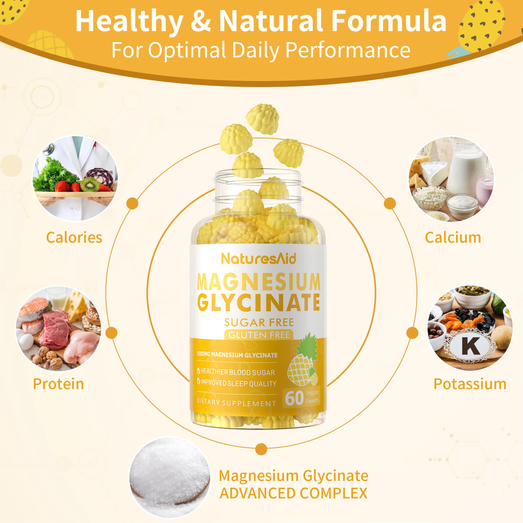 Magnesium Glycinate Gummies 1000mg - Sugar Free Magnesium Potassium Supplement with Vitamin D, B6, CoQ10 for Calm Mood & Sleep Support - 60 Pineapple Gummies -1 Pack Natures Aid uk supplements