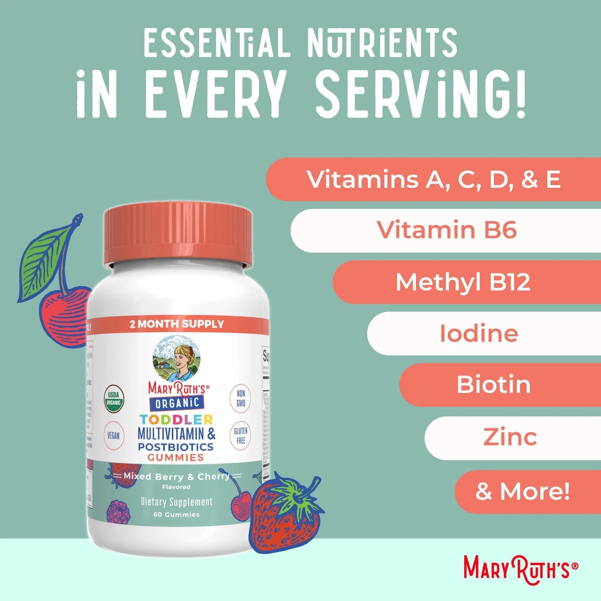 MaryRuth Organics Toddler Multivitamin Gummies + Postbiotics | USDA Organic | Vitamins for Kids Ages 2+ | Immune Support | Vitamin C | MaryRuth Organics uk supplements