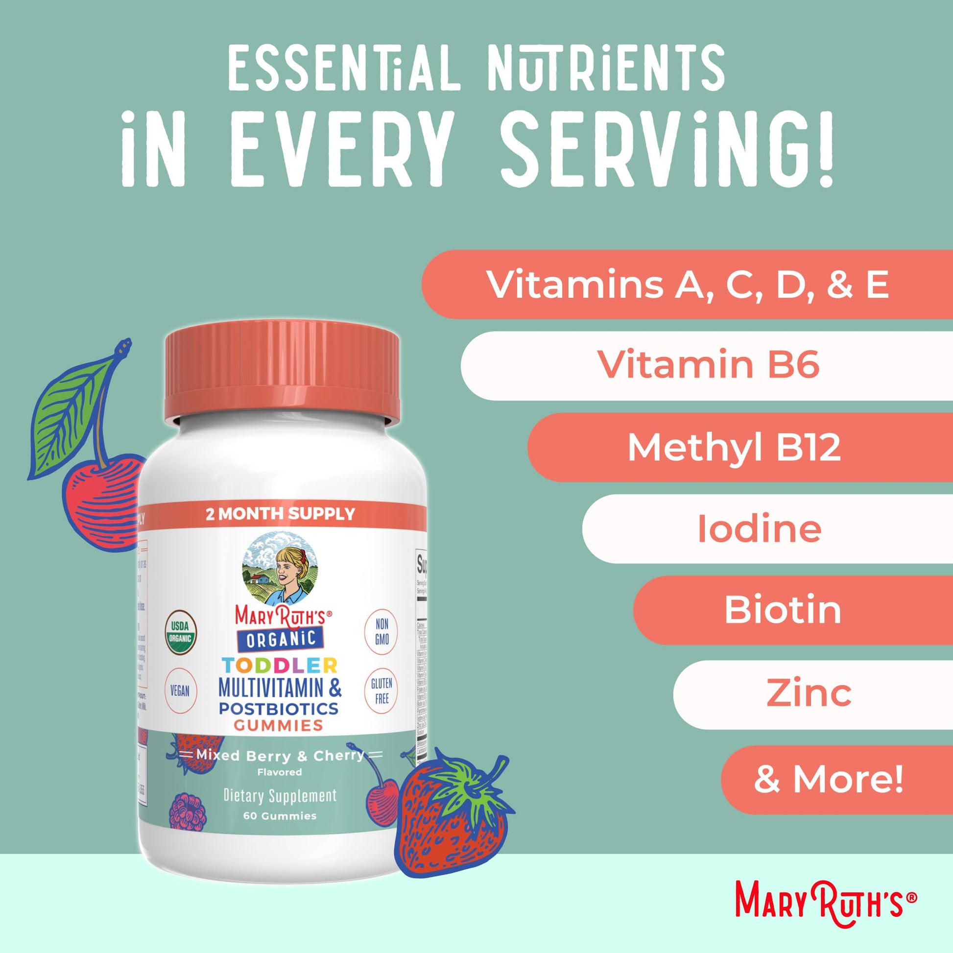MaryRuth Organics Toddler Multivitamin Gummies + Postbiotics | USDA Organic | Vitamins for Kids Ages 2+ | Immune Support | Vitamin C | Vitamin D3 | Vitamin A | Zinc | Vegan | Non-GMO | 60 Servings MARYRUTH'S uk supplements