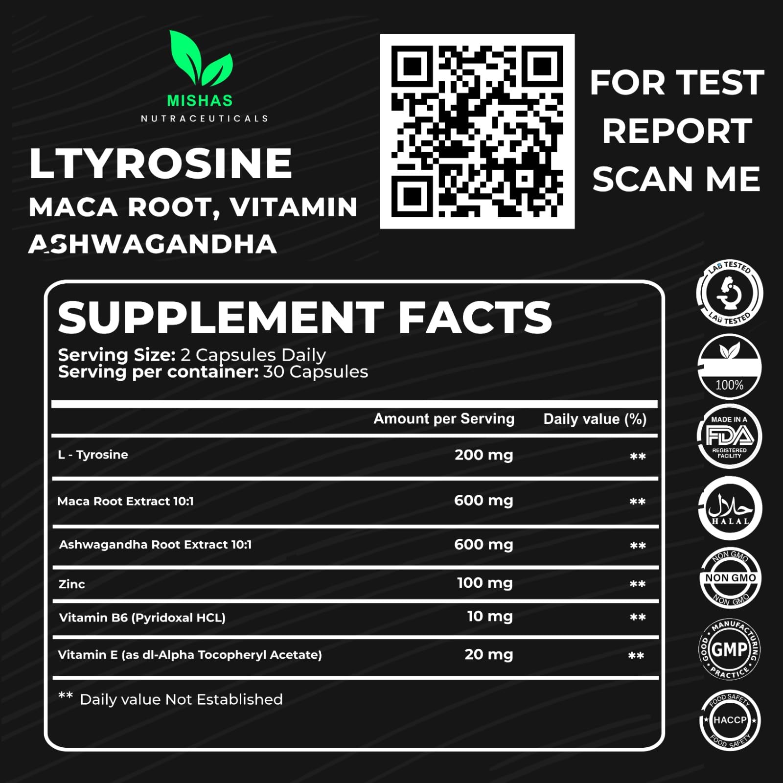 Mishas Nutraceuticals L-Tyrosine with Maca Root, Ashwagandha & Vitamins Complex – Energy, Mental Focus, Stress Relief & Immunity Support – 60 Capsules (30 Servings) Mishas uk supplements