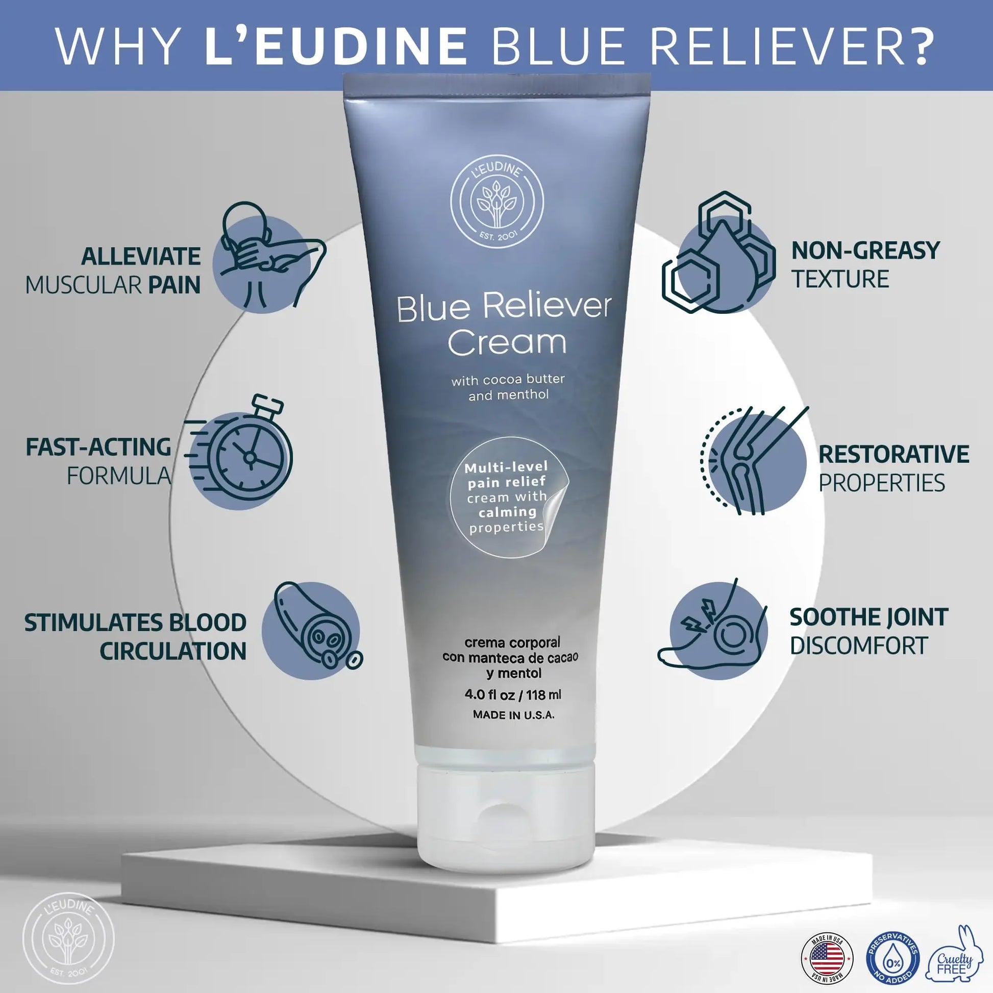 L'EUDINE Blue Reliever Cream – Joint and Muscle Therapy, Body Cream with Cocoa Butter and Menthol L'eudine uk supplements
