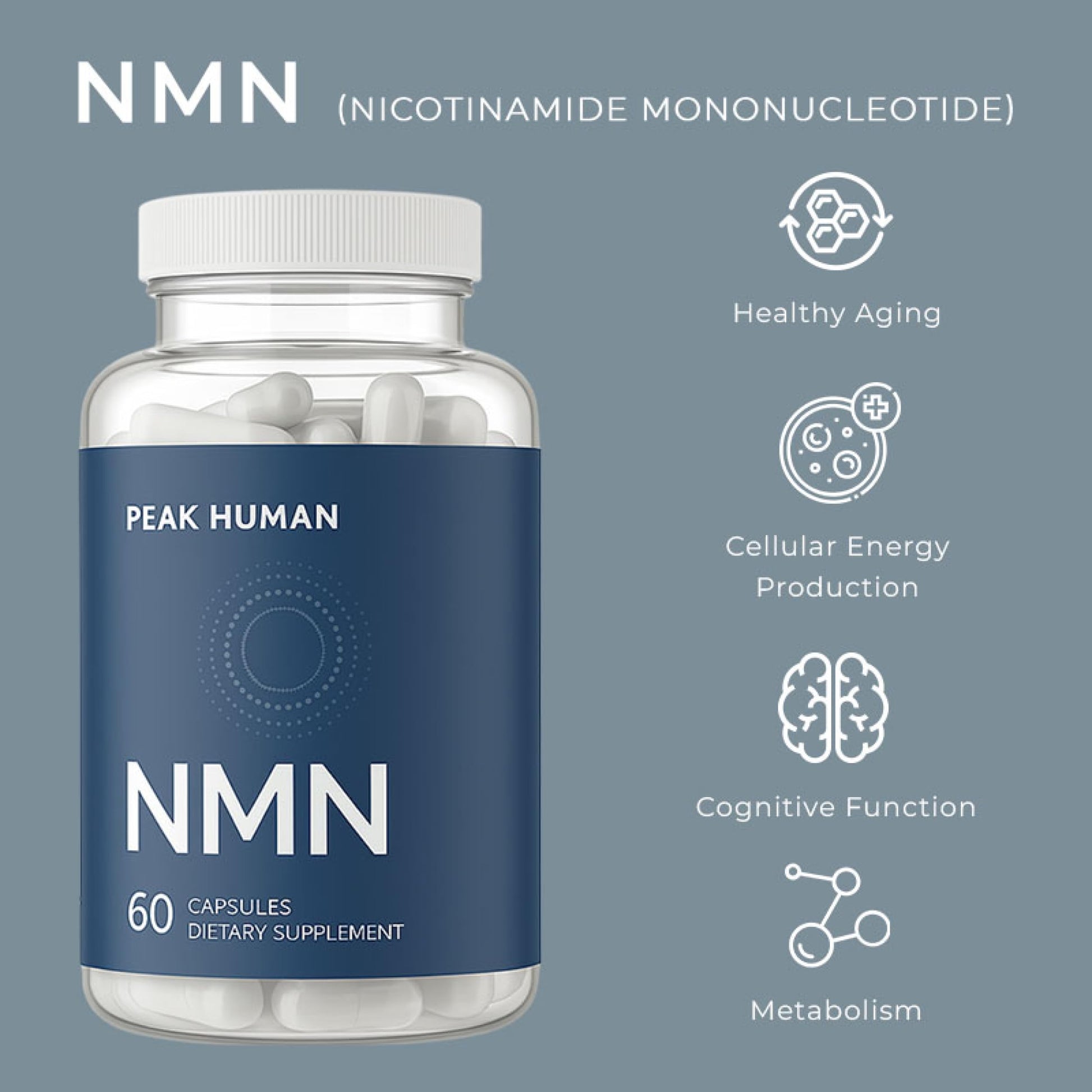 Peak Human Beta-NMN | Beta Nicotinamide Mononucleotide NAD+ Precursor - Advanced Cellular Energy & Longevity - Promotes Vitality, Metabolic Function & Focus - Non-GMO, Vegan Capsules - 60 Count Peak Human uk supplements