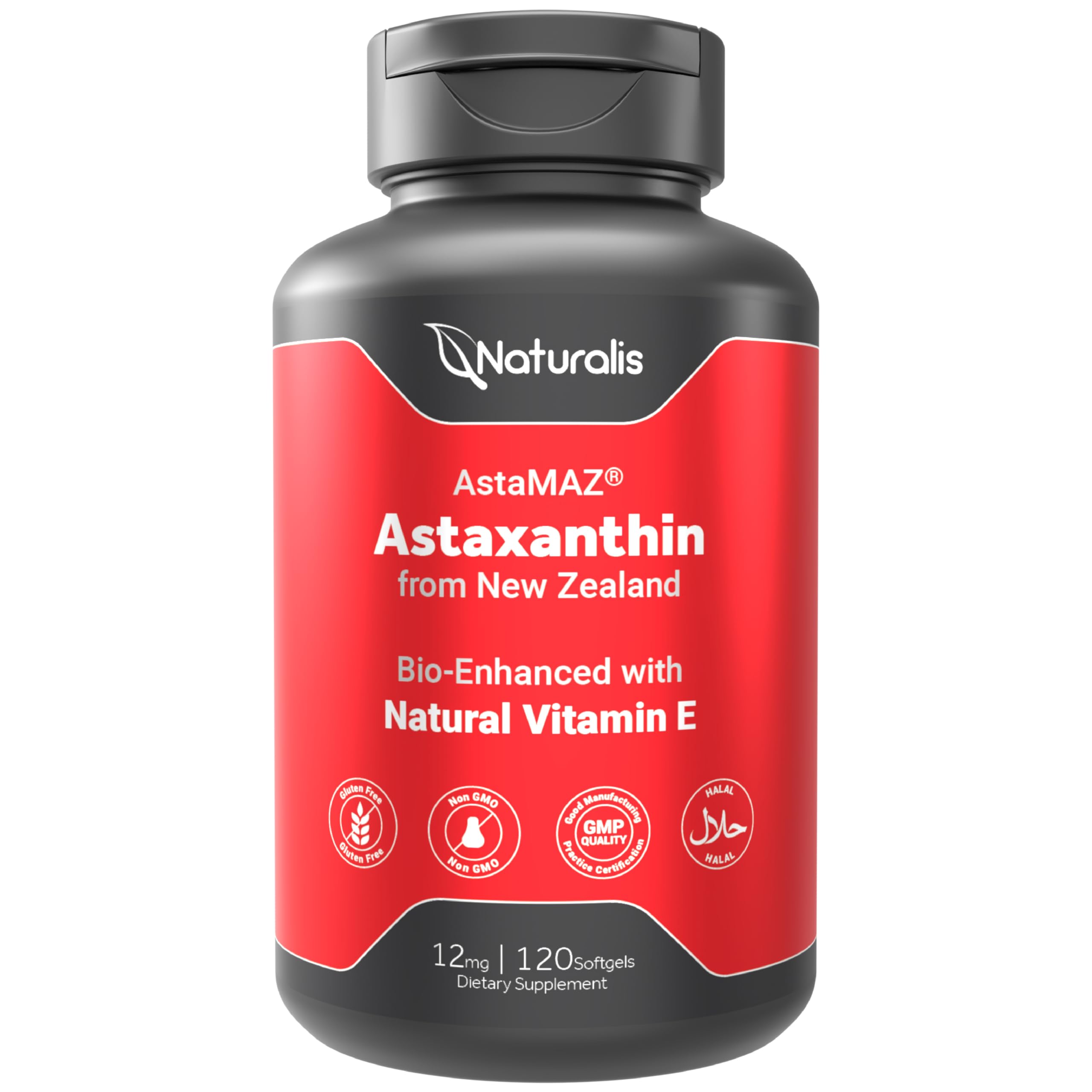 Naturalis New Zealand Astaxanthin (12mg) | Enhanced with Natural Vitamin E | Non-GMO, Soy & Gluten Free | 120 Softgels (4 Month Supply) Naturalis uk supplements