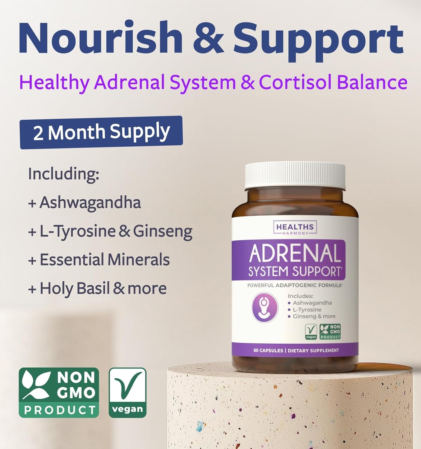 Adrenal System Support & Cortisol Manager (2 Month Supply) Powerful Ashwagandha & L-Tyrosine Fatigue Supplement - Maintain Balanced Cortisol Levels, Health, & Stress Relief - Non-GMO - 60 Capsules Healths Harmony uk supplements