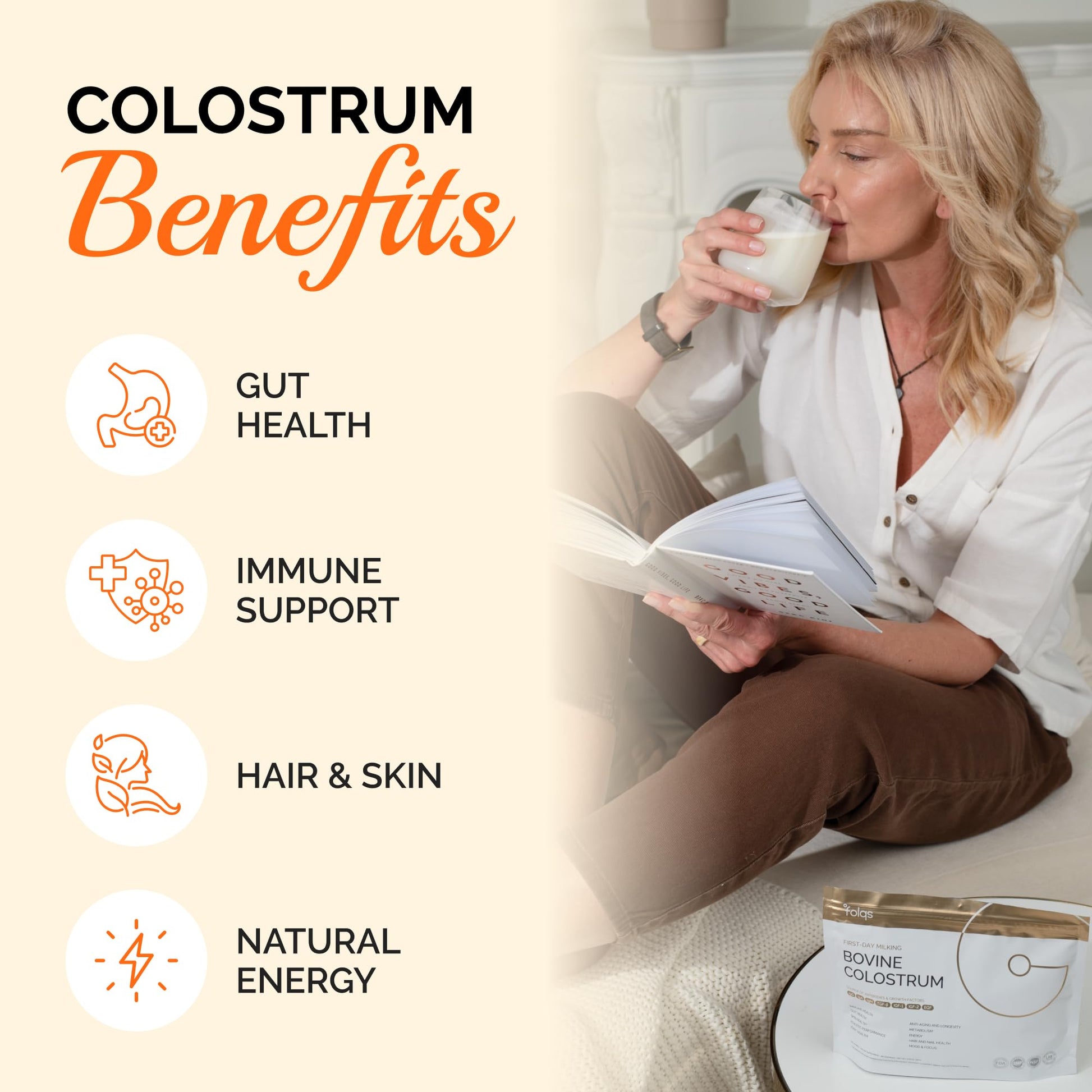 Folqs Bovine Colostrum Powder – First-Day Milking for Immune & Gut Support – 60 Servings – Supports Skin & Tissue Health – Made in USA - Amino Acids, Vitamins, Minerals – Kosher - Sustainably Sourced Folqs uk supplements