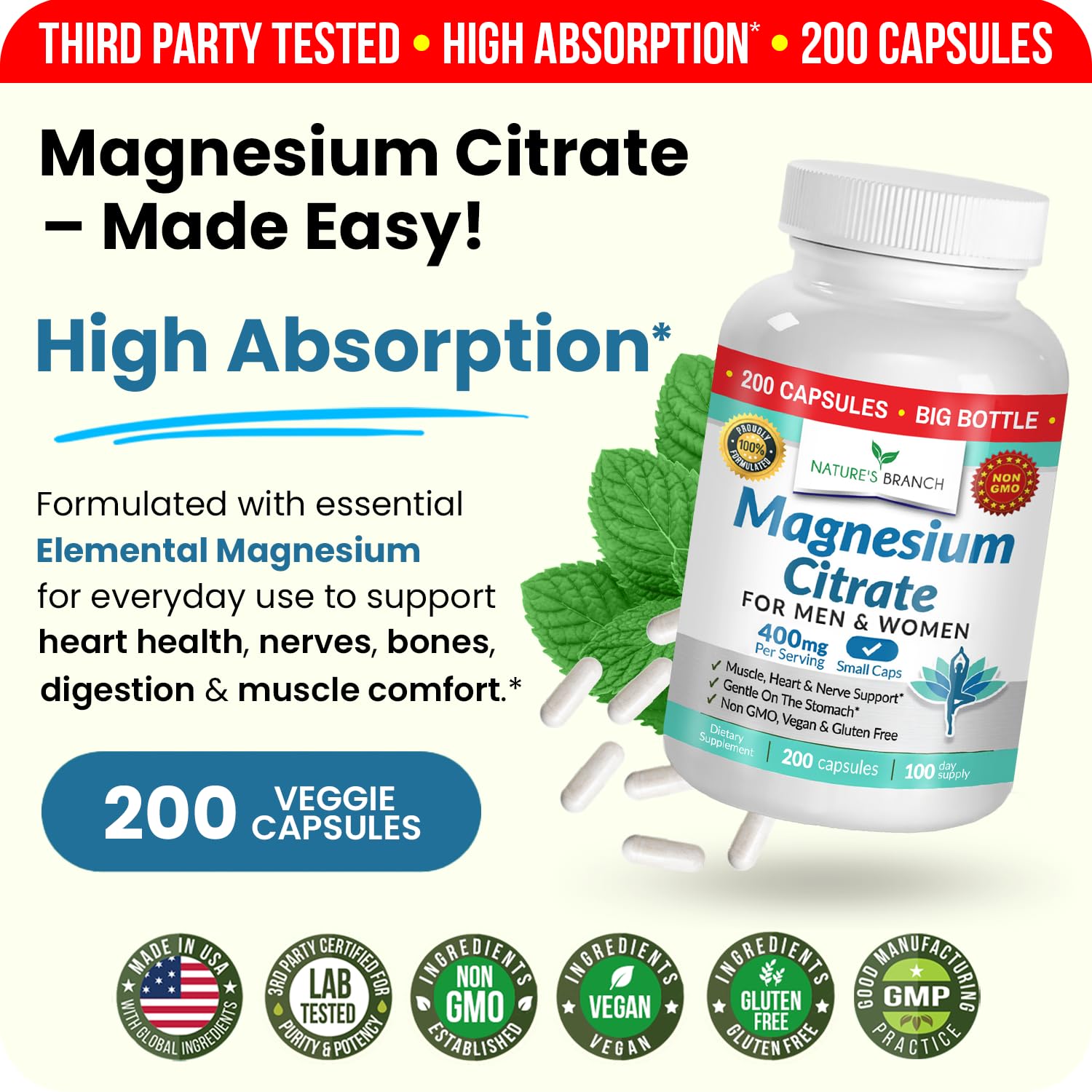 Magnesium Citrate 400mg | 200 Capsules, High Absorption for Sleep, Relax, Leg Cramps, Energy, Extra Strength Easy to Swallow Small Pills for Women & Men, Vegan Supplement for Digestion, Not Tablets NATURE'S BRANCH uk supplements