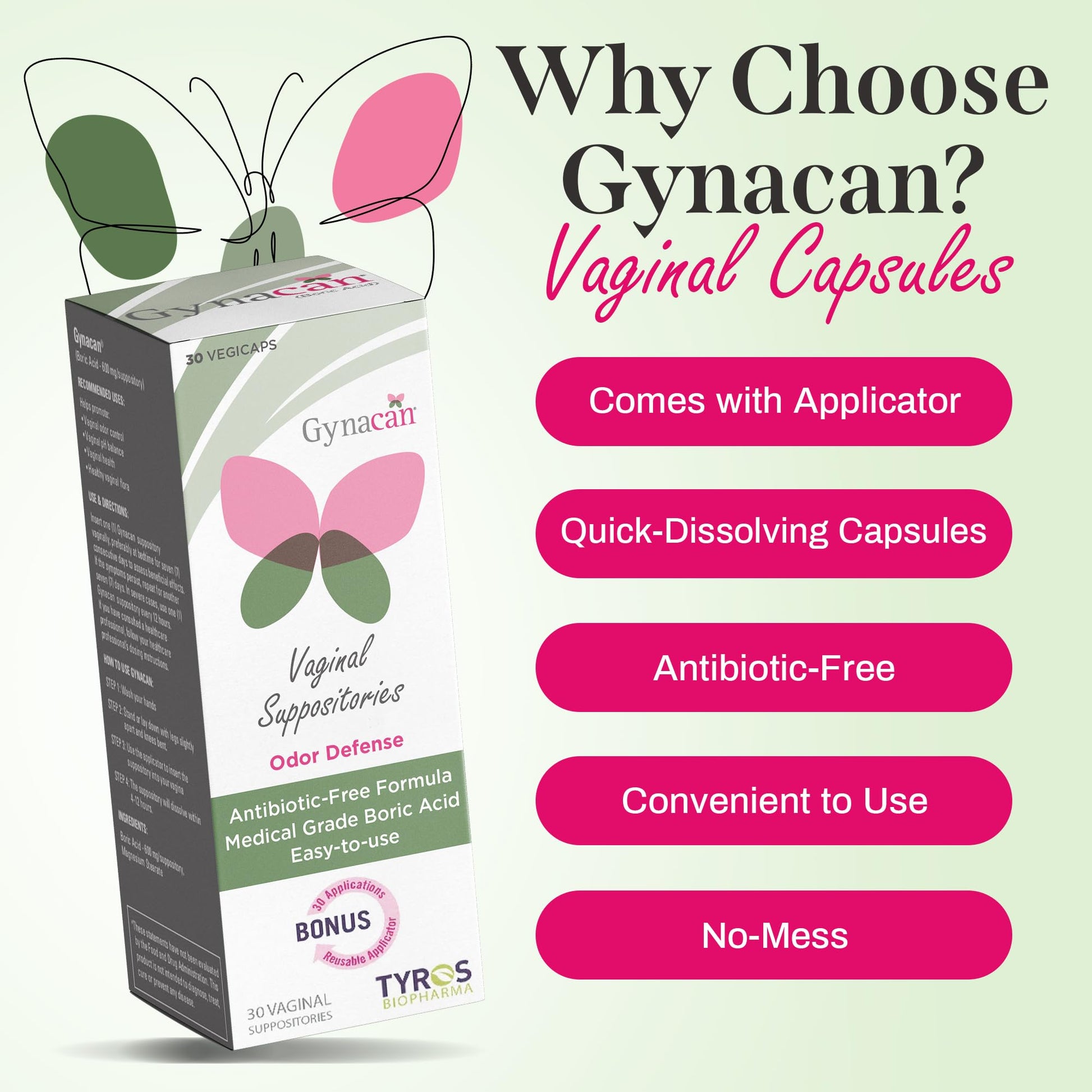 Gynacan Boric Acid Suppositories for Women - pH Balance Vaginal Treatment for Women Odor Prevention, Pure Formula, No-Mess Applicator, Gentle & Effective Gynacan uk supplements