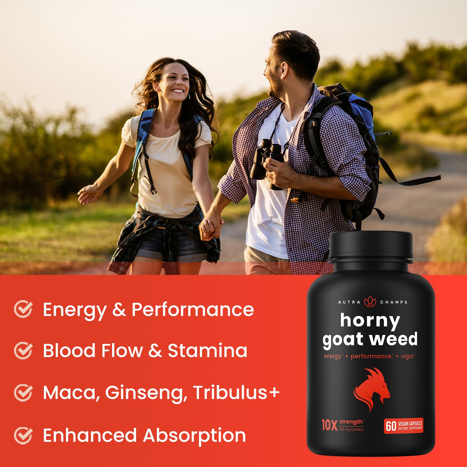 NutraChamps Horny Goat Weed, 1000mg Epimedium Energy Supplement, 10X Strength Icariin, Ginseng, Tribulus & Maca Pills for Women & Men, Enhanced Absorption with Black Pepper, 60 Vegan Capsules NutraChamps uk supplements
