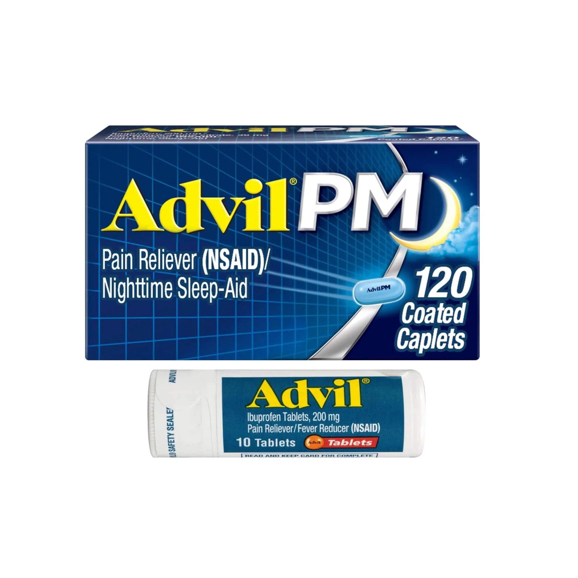 Advil PM Pain Reliever and Nighttime Sleep Aid, Ibuprofen for Pain Relief and Diphenhydramine Citrate for a Sleep Aid - 120 Coated Caplets and Pain Reliever and Fever Reducer, 10 Count Tablets Advil uk supplements