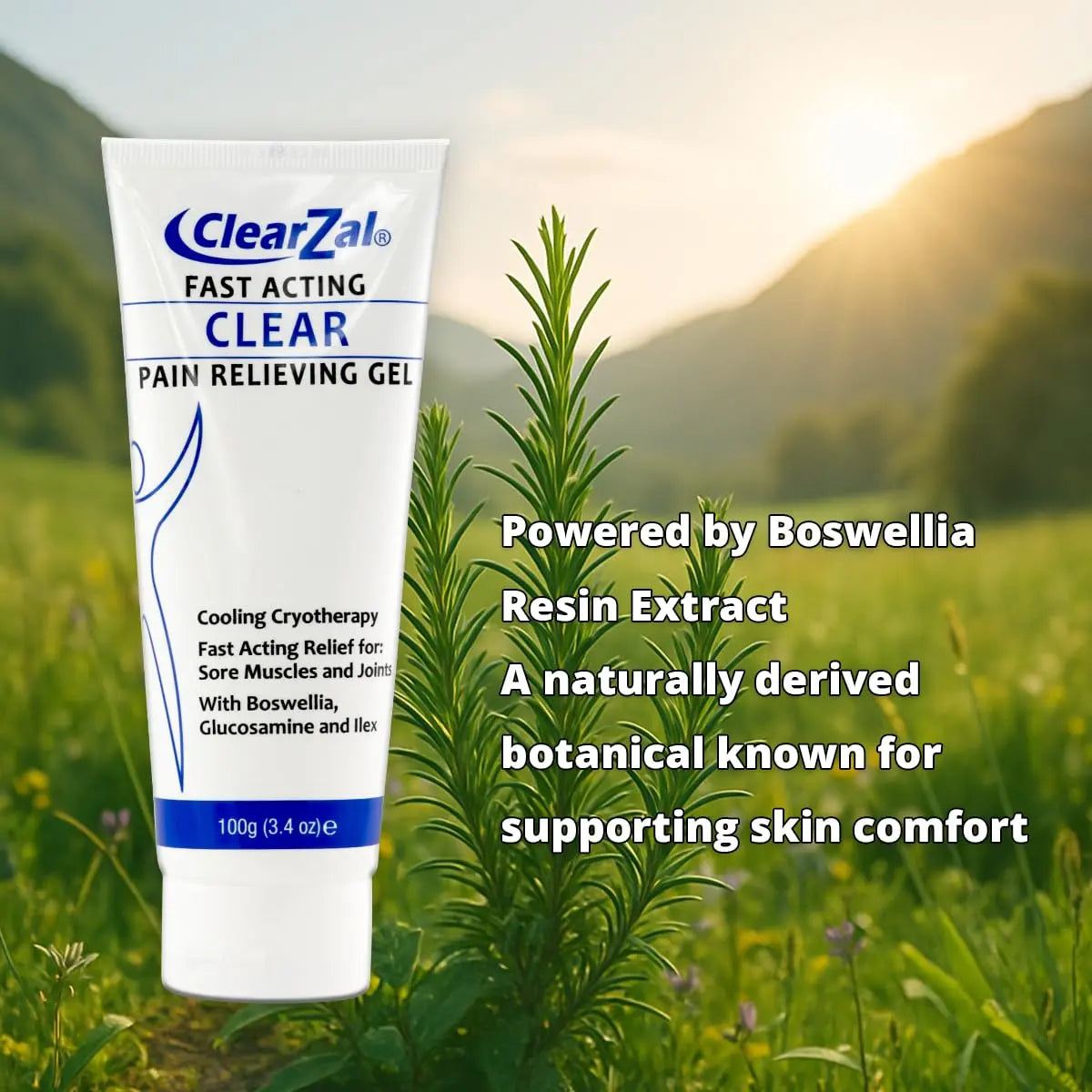 ClearZal Fast Acting Clear Pain Relieving Gel with Cooling Cryotherapy, Boswellia and Glucosamine for Sore Muscles and Joints, Soothing Cooling Gel 3.4 oz Clearzal uk supplements