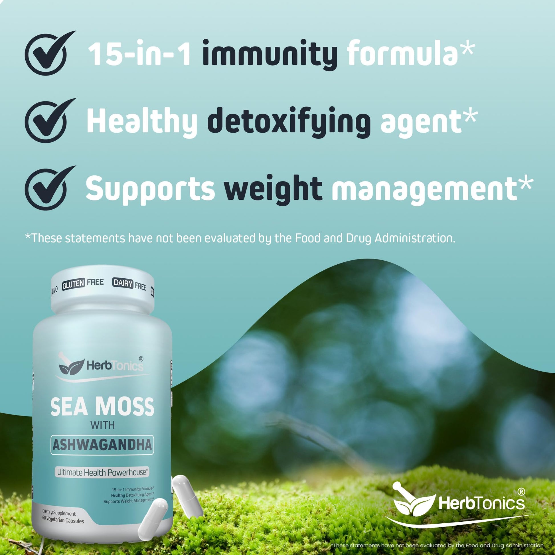 Herbtonics Sea Moss, Black Cumin Seed, Ashwagandha, Burdock Root & ACV Complex | Manage Immunity, Stress & Digestion Support | 60 Capsules (2 Capsules Per Serving) Herbtonics uk supplements