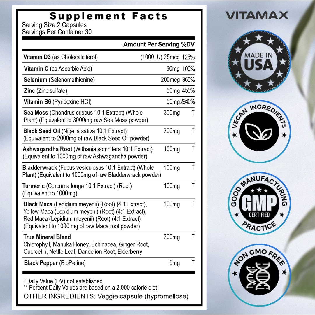 Sea Moss, Maca, Black Seed Oil, Ashwagandha, Bladderwrack, Turmeric Vitamax uk supplements
