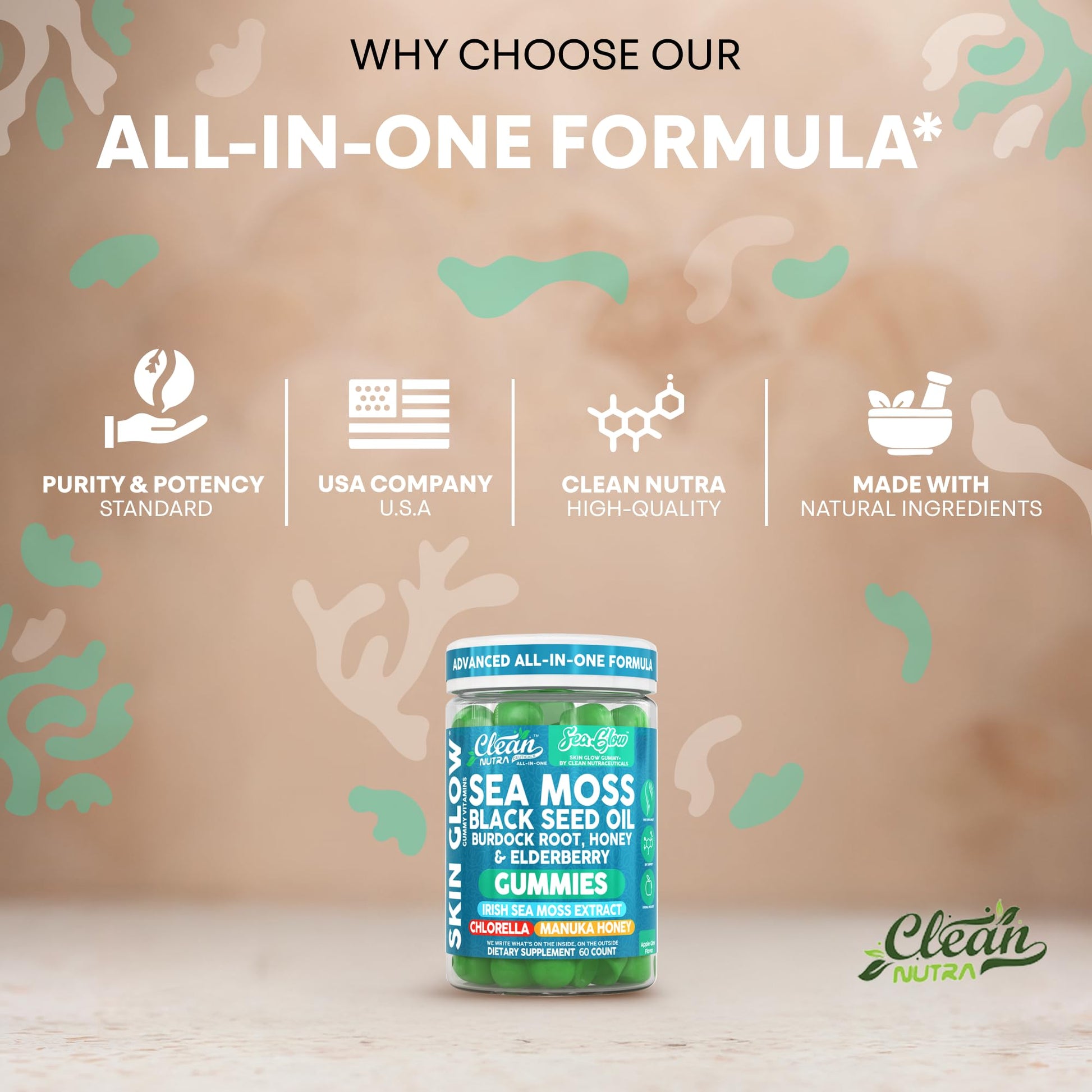 Clean Nutra Sea Moss Gummies Black Seed Oil Chlorella Ashwagandha Root Hair Growth Skin Glow Irish Sea Moss Elderberry Burdock Manuka Honey Trace Minerals Detox 60 Gummy Vitamins Sea Glow Supplement Clean Nutraceuticals uk supplements