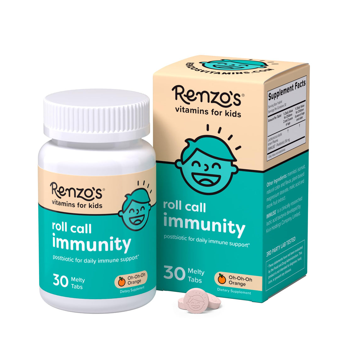 Renzo's Roll Call Immunity - Dissolvable Kids Immune Support Supplement with IMMUSE Postbiotic, Sugar-Free Kids Vitamins, 30 Orange-Flavored Melty Tabs Renzo's uk supplements