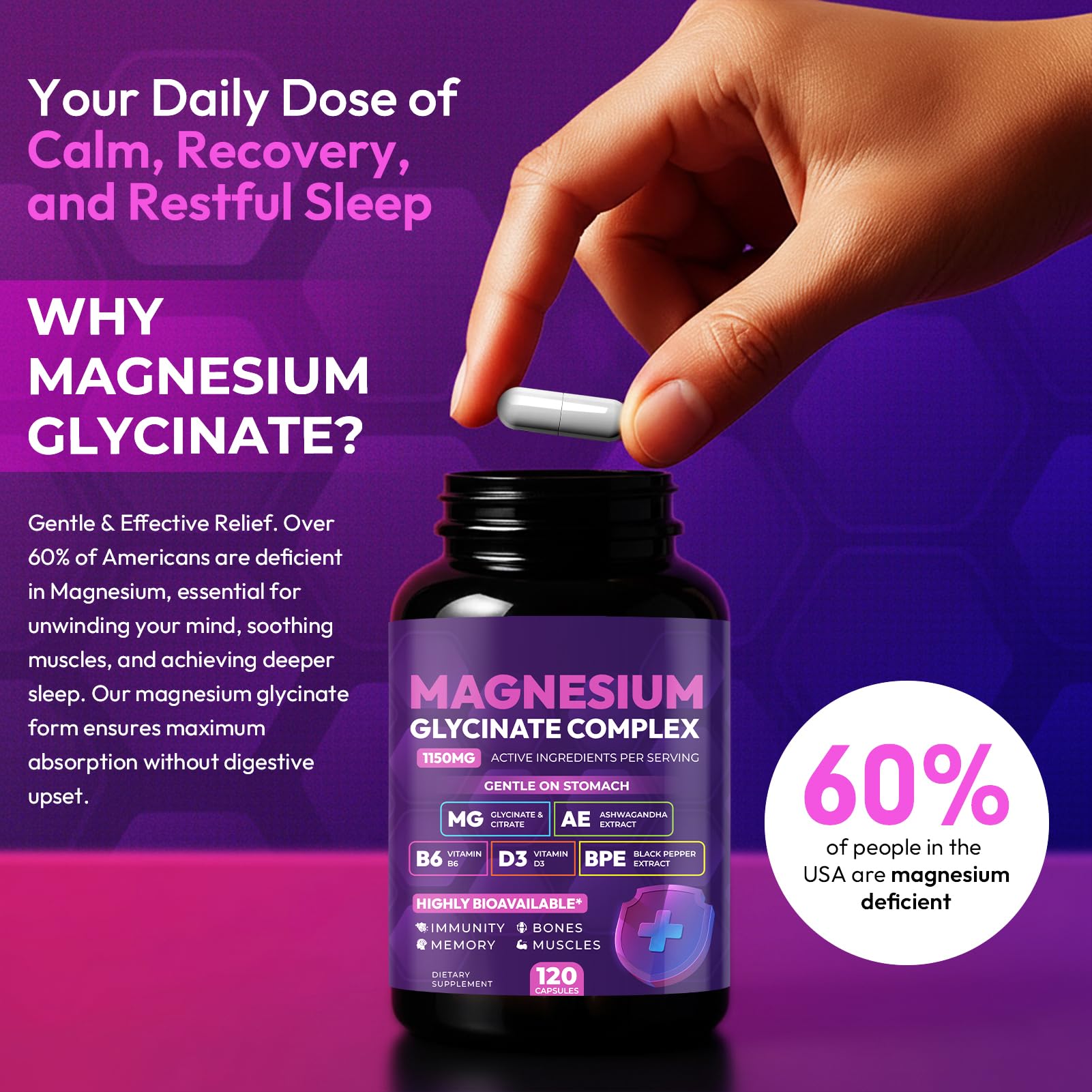 Magnesium Glycinate Complex 1150mg - Gentle on Stomach High Absorption Magnesium Capsules with Citrate, Silica, Ashwagandha & Vitamin B6 for Zzz, Stress Relief, Muscle Support for Adults, Women & Men Cytona uk supplements