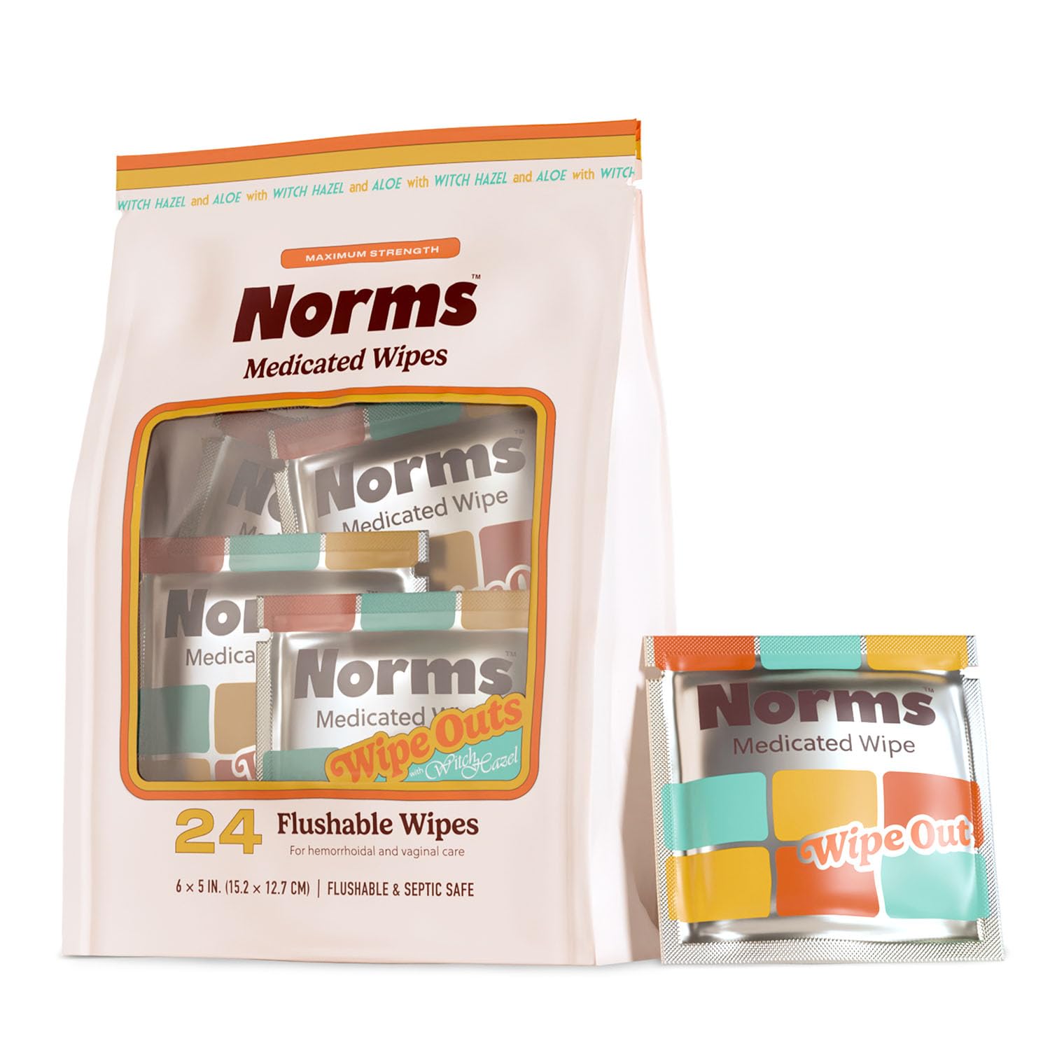 Norms Wipe Outs Hemorrhoid Wipes, 24 Individually Wrapped Witch Hazel Wipes with Aloe to Soothe and Cool Itching, Burning and Irritation, Flushable Septic Safe, Plant Based & Plastic-Free Norms uk supplements