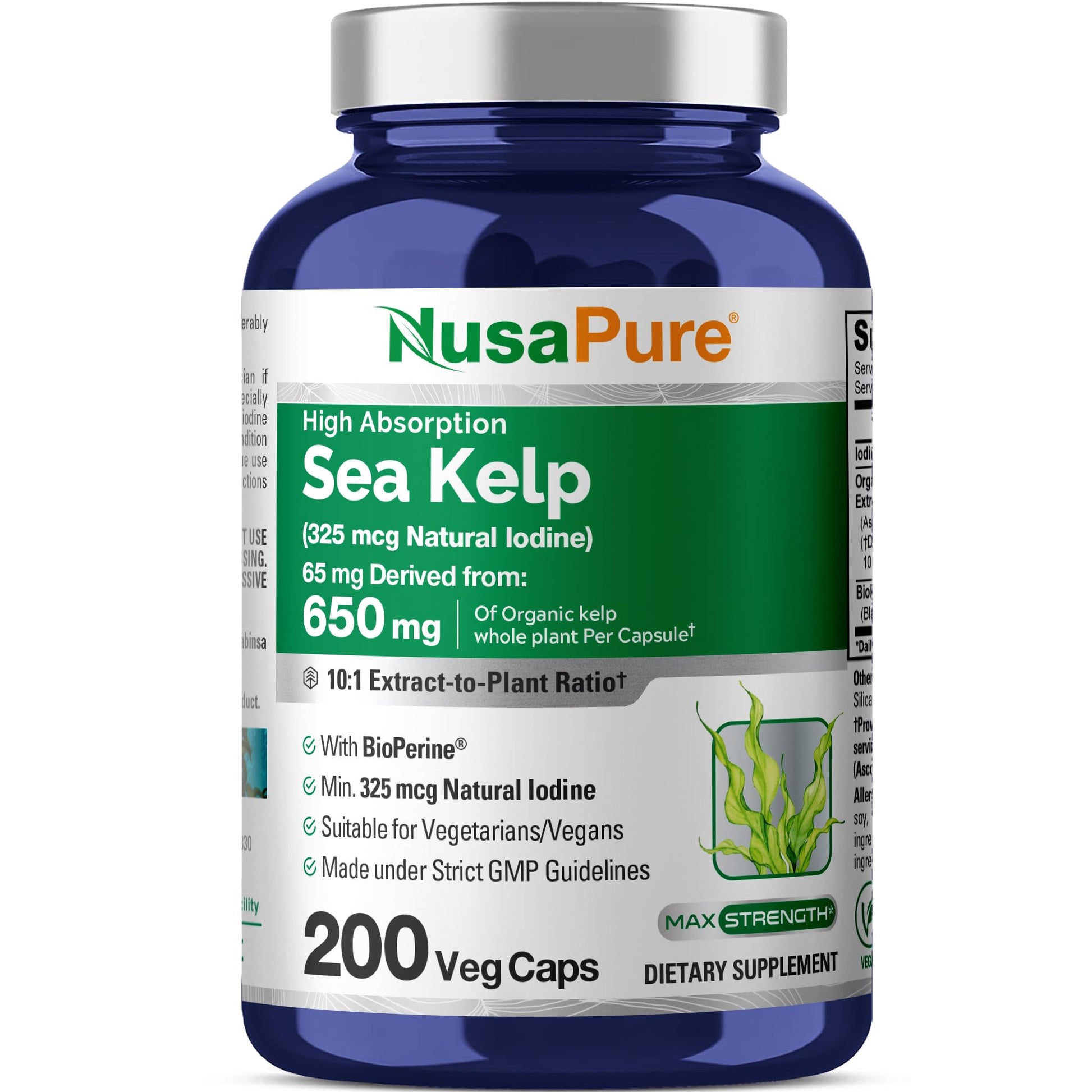 NusaPure Sea Kelp Natural Iodine 325mcg 10:1 Extract, 65 mg Equivalent to 650 mg Capsule 200 Count (Non-GMO, Vegan) NusaPure uk supplements