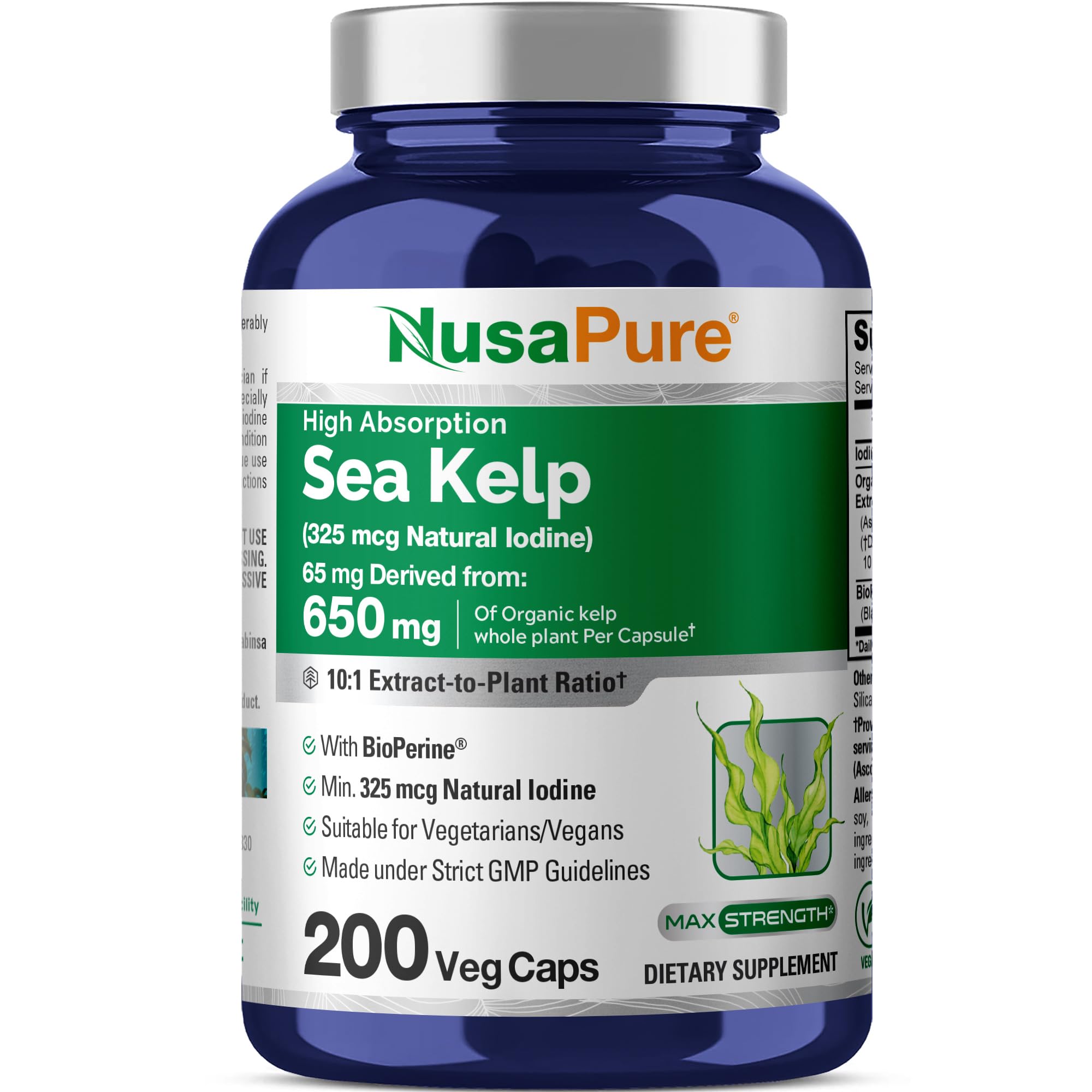 NusaPure Sea Kelp Natural Iodine 325mcg 10:1 Extract, 65 mg Equivalent to 650 mg Capsule 200 Count (Non-GMO, Vegan) NusaPure uk supplements