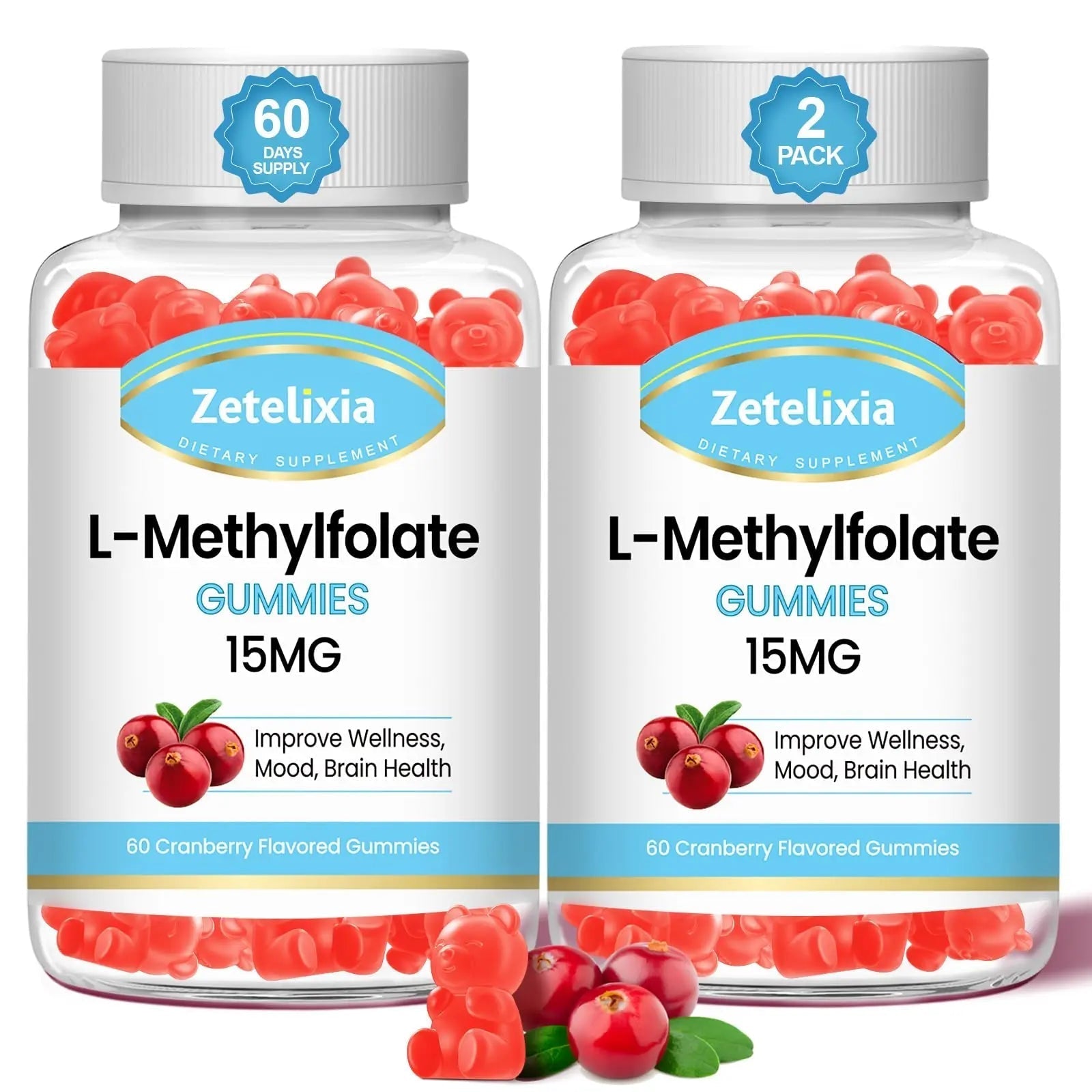 Zetelixia 2 Pack L-Methylfolate 15mg & Methyl B12 Gummies, Folate Supplement for Brain Health, Mood & Immunity, DNA Synthesis & Repair Zetelixia uk supplements