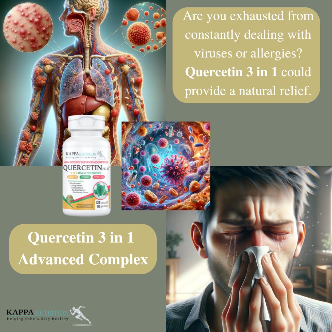 QUERCETIN PLUS, Quercetin 1,000mg, Bromelain 500mg and Vitamin C 1,000mg, (120 Capsules), 3 in 1 from Bioflavonoids, Supports Immune, Cardiovascular & Respiratory Health, Seasonal Allergy Relief. KAPPA NUTRITION uk supplements
