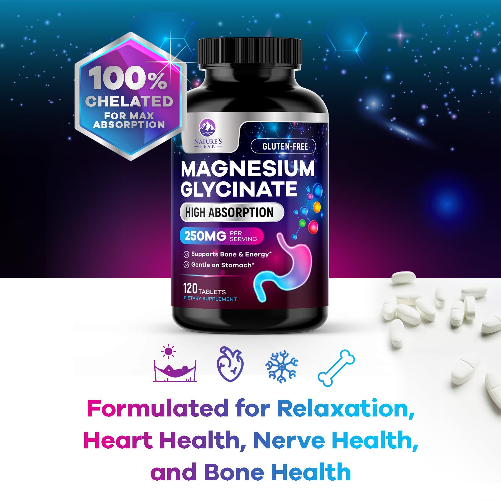 Magnesium Glycinate Supplement 250mg - 100% Chelated & Purified - to Support Sleep, Heart Health, Muscles, & Bone Strength - Best Absorption Magnesium Glycinate Capsules, Bottled in USA - 120 Tablets Nature's Peak uk supplements