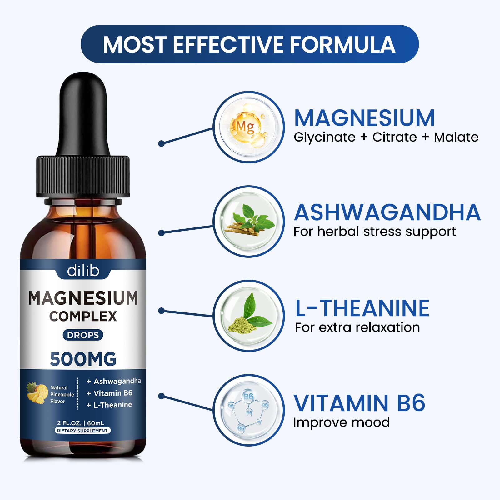 Triple Magnesium Complex Supplement-Magnesium Glycinate, Citrate, Malate Liquid Drops 500mg with Ashwagandha, L-Theanine, Vitamin B6 for Calm, Stress Relief, Sleep, Muscle Support-Pineapple Flavor dilib uk supplements