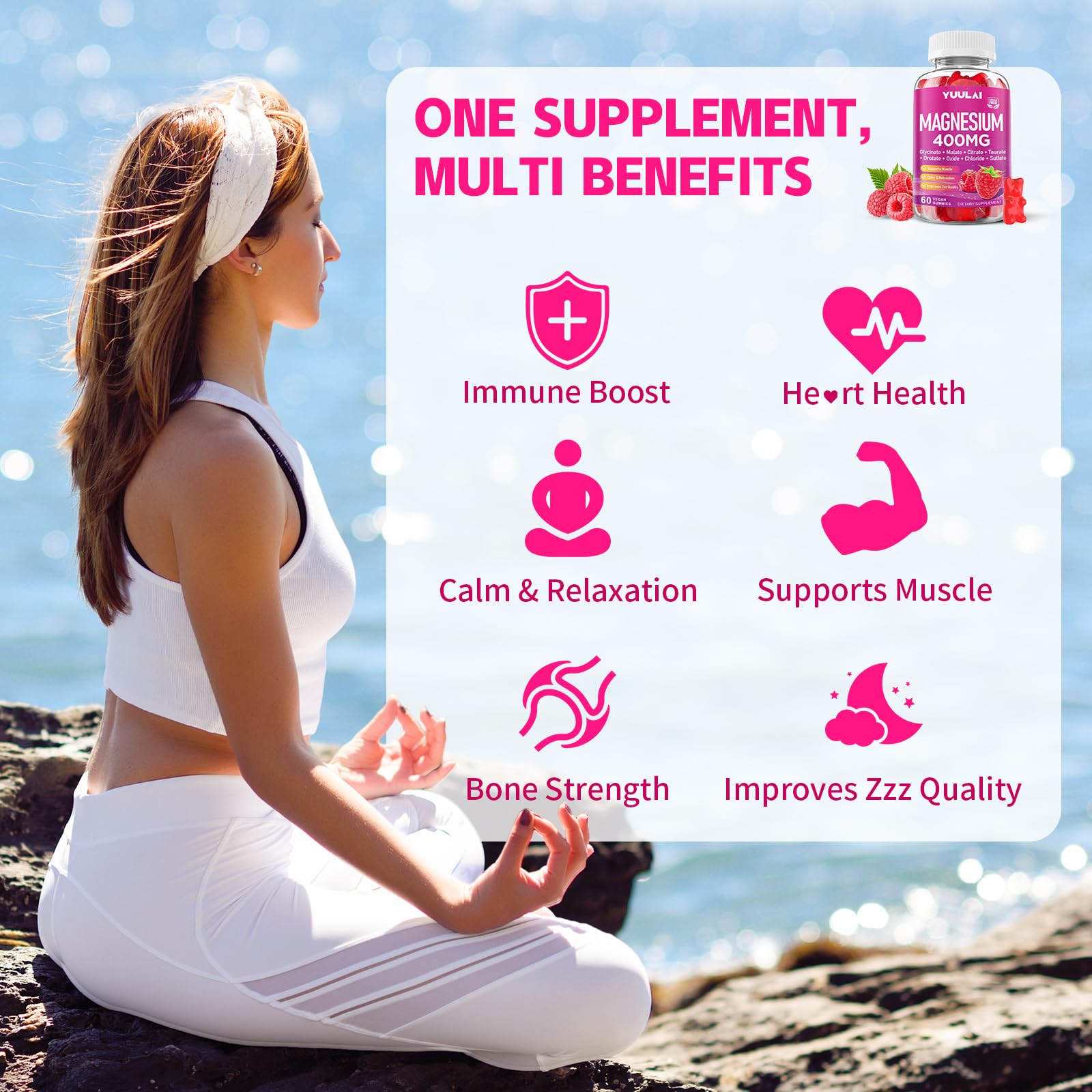 Pack of 2 Magnesium Complex Gummies 400mg, Magnesium Glycinate, Malate, Citrate, Taurate, Oxide & More | w/Ashwagandha Extract, D3 & B12 for Calm, Zzz, Relaxation, Raspberry Flavor, 120 Count YUULAI uk supplements