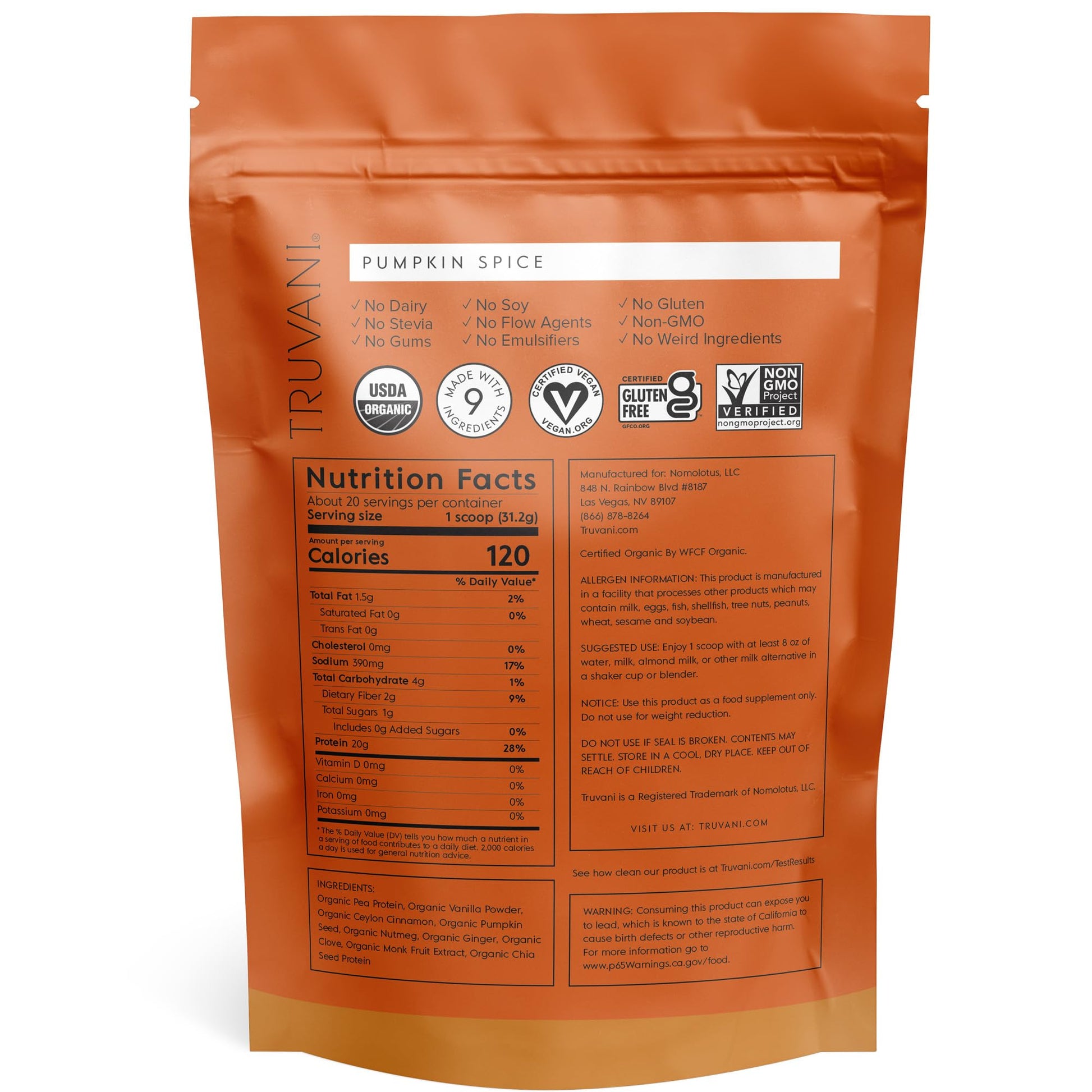 Truvani Organic Vegan Protein Powder Pumpkin Spice - 20g of Plant Based Protein Truvani uk supplements