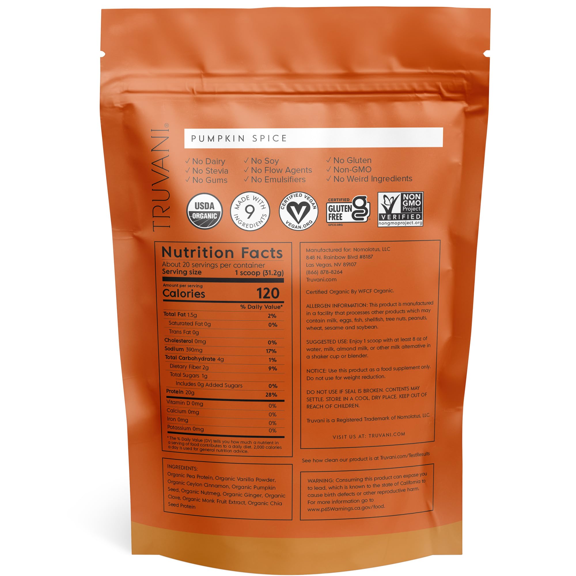 Truvani Organic Vegan Protein Powder Pumpkin Spice - 20g of Plant Based Protein Truvani uk supplements