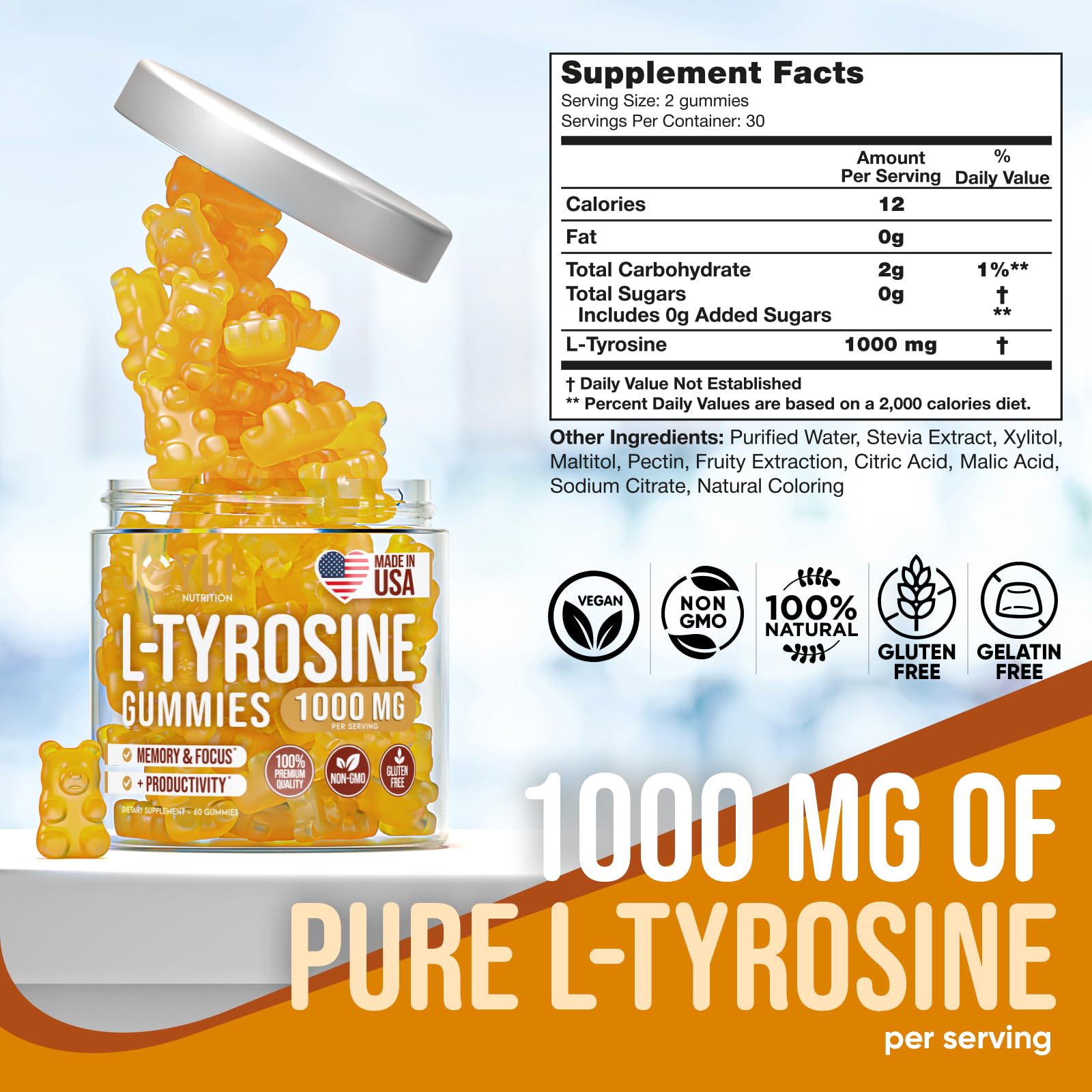 Joyli L Tyrosine Gummies 1000MG - L-Tyrosine Supplement for Kids & Adults - Calm & Focus Gummies for Brain, Memory, Mood, and Energy - 500mg L- Tyrosine Powder per Gummy - Vegan, Gluten-Free JOYLI Nutrition uk supplements