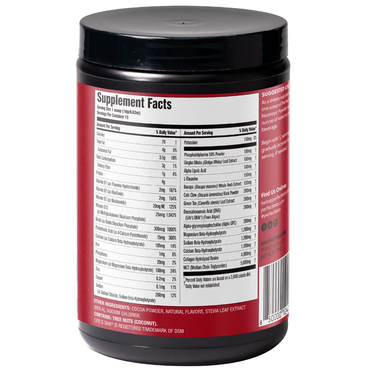 Perfect Keto Nootropic Brain Support, Caffeine Free Focus and Energy Supplement with Alpha Lipoic Acid, L Theanine, Ginkgo Biloba, Alpha GPC, MCT's, Collagen, Ketones, Chocolate Drink Mix, 15 Servings Perfect Keto uk supplements