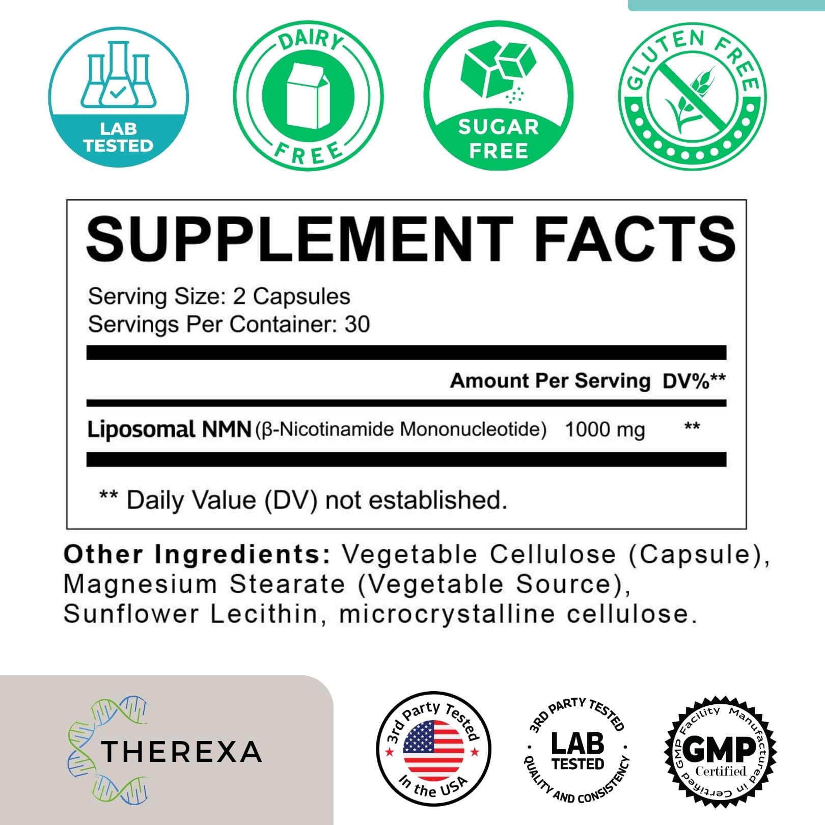 NMN Supplement 1000mg Pure - Liposomal NMN for NAD+ Supplement, Tested in USA, 60 Capsules THEREXA uk supplements