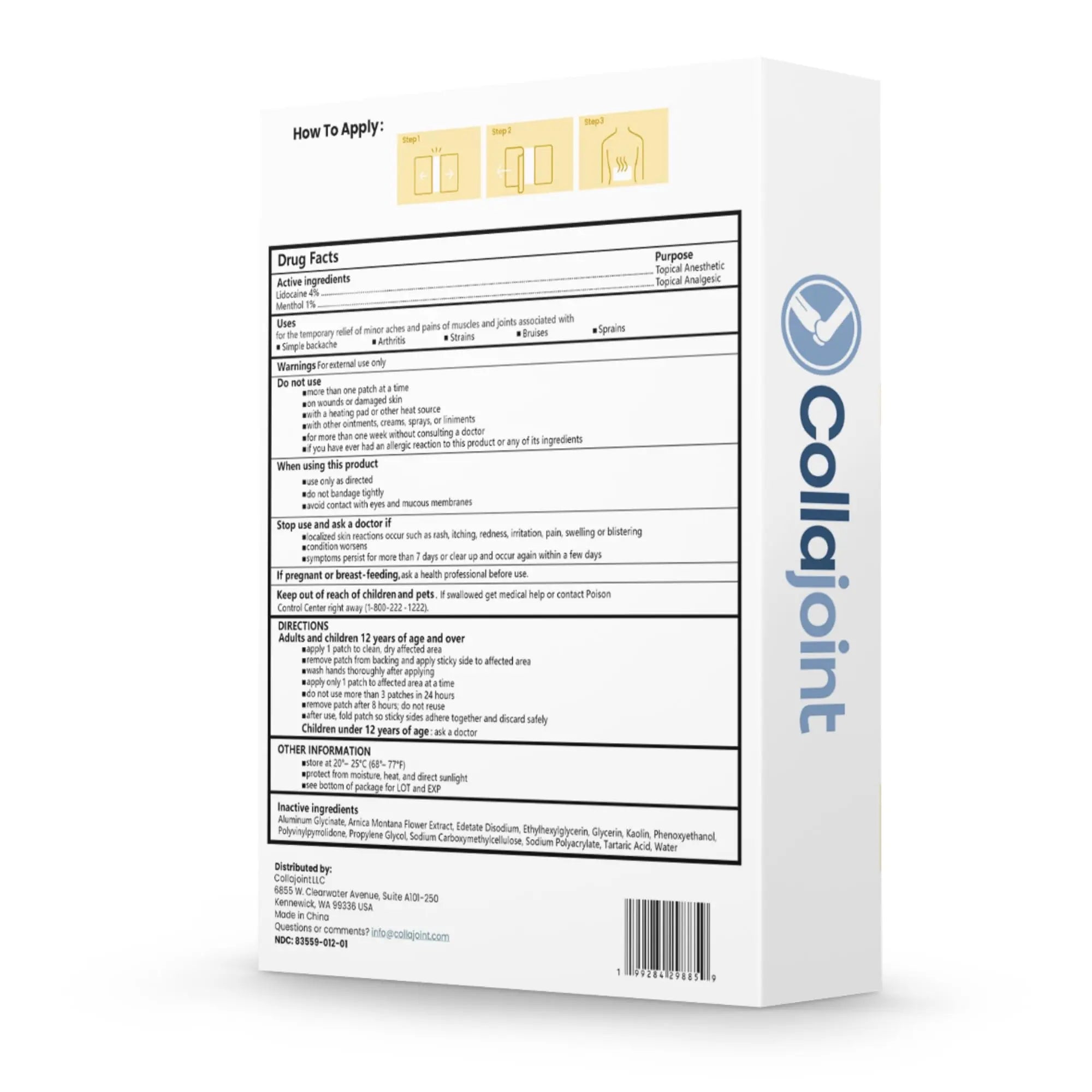 Collajoint Maximum-Strength Lidocaine 4% & Menthol 1% Hydrogel Pain Relief Patch with Arnica Montana Flower Extract-Temporary Numbing & Cooling Relief for Sore Muscles, Stiff Joints & Arthritis Collajoint uk supplements