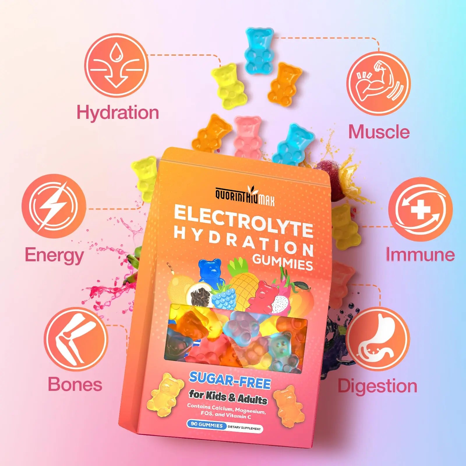 Electrolyte Gummies Sugar Free | Electrolyte Hydration Energy Gummies for Running & Sports - Energy Chews with Calcium & Vitamin C for Kids & Adults, Quorinthiumax uk supplements