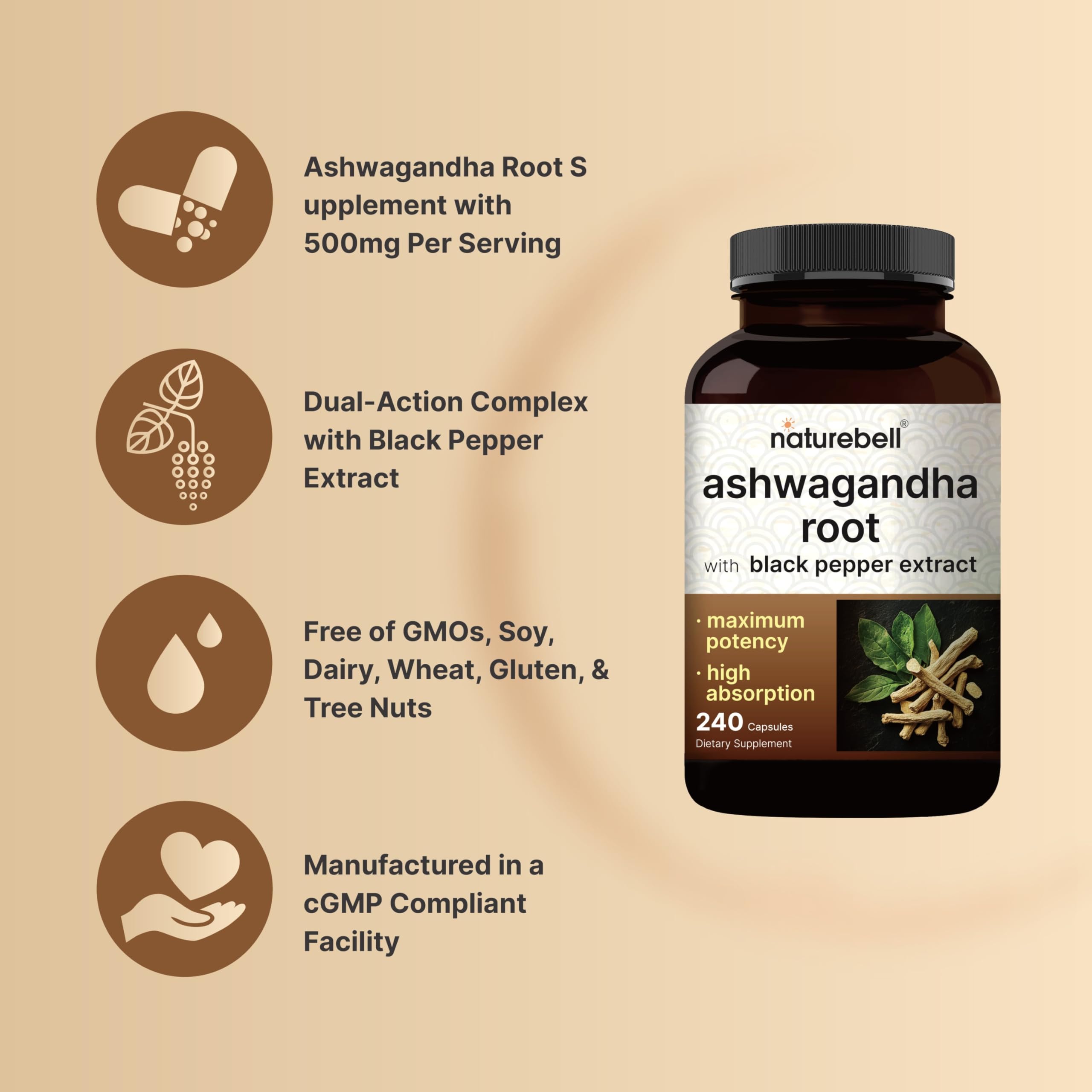 NatureBell Ashwagandha Root with Black Pepper Extract - 240 Capsules - High Strength Adaptogen for Calmness, Relaxation & Immune Support* NatureBell uk supplements