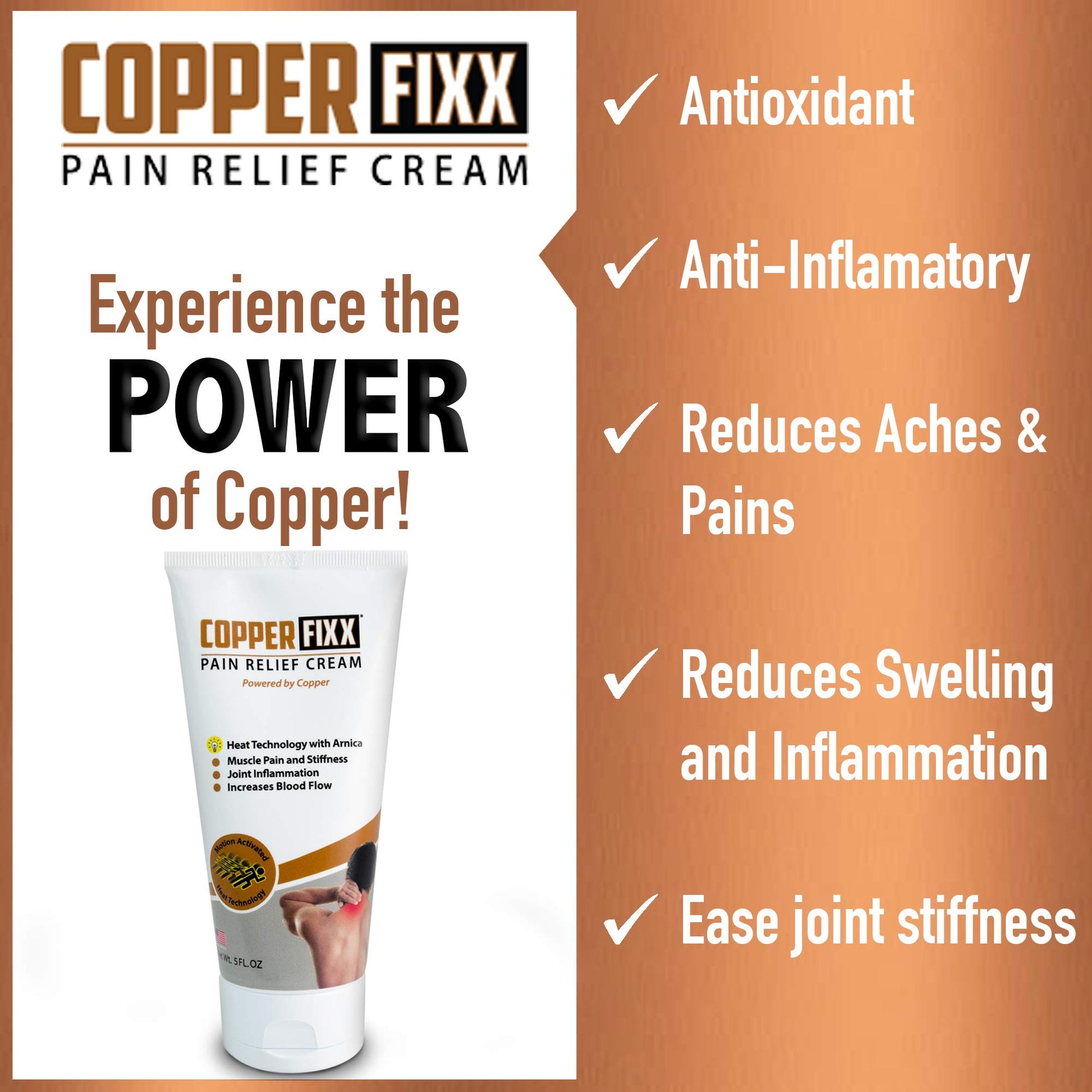 CopperFixx Pain Relief Cream, 5 Fl Oz Tube Powered by Copper with Heat Technology Arnica for Muscle & Stiffness Joint Inflammation, Knee, Back, Shoulder Arthritis Pain. Fast Acting, CF03028 CopperFixx uk supplements
